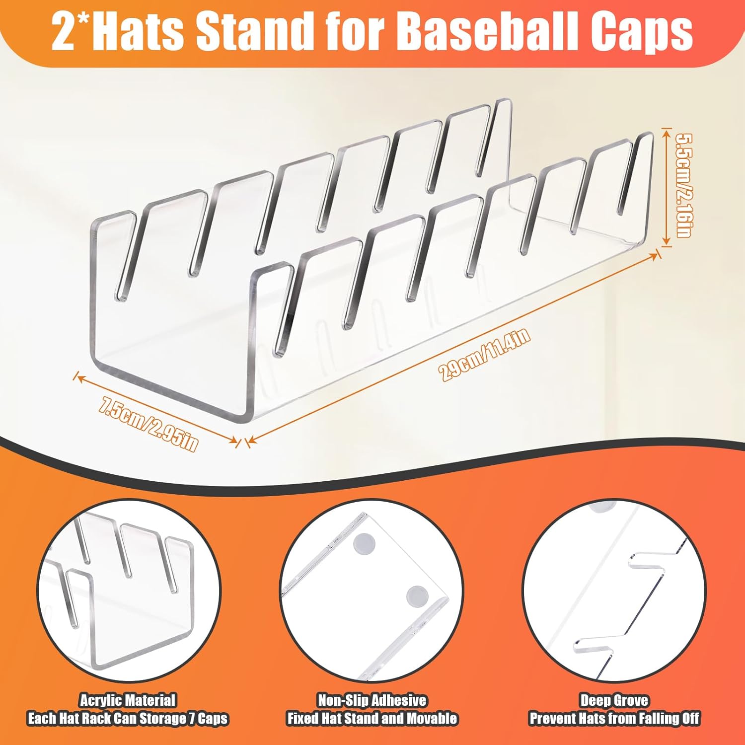 Clear Acrylic Hat Stand for 14 Baseball Caps 2 Pack