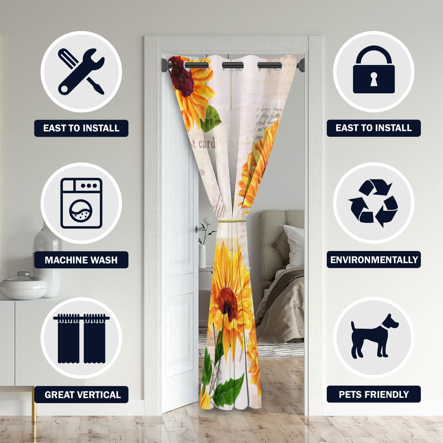 Sunflower Door Curtains for Doorway 59W x 80L