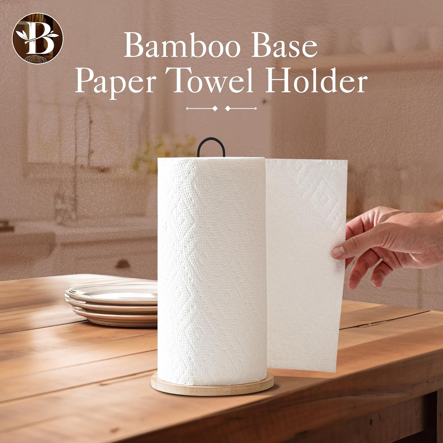 Bambsi Paper Towel Holder - Black Wooden Stand