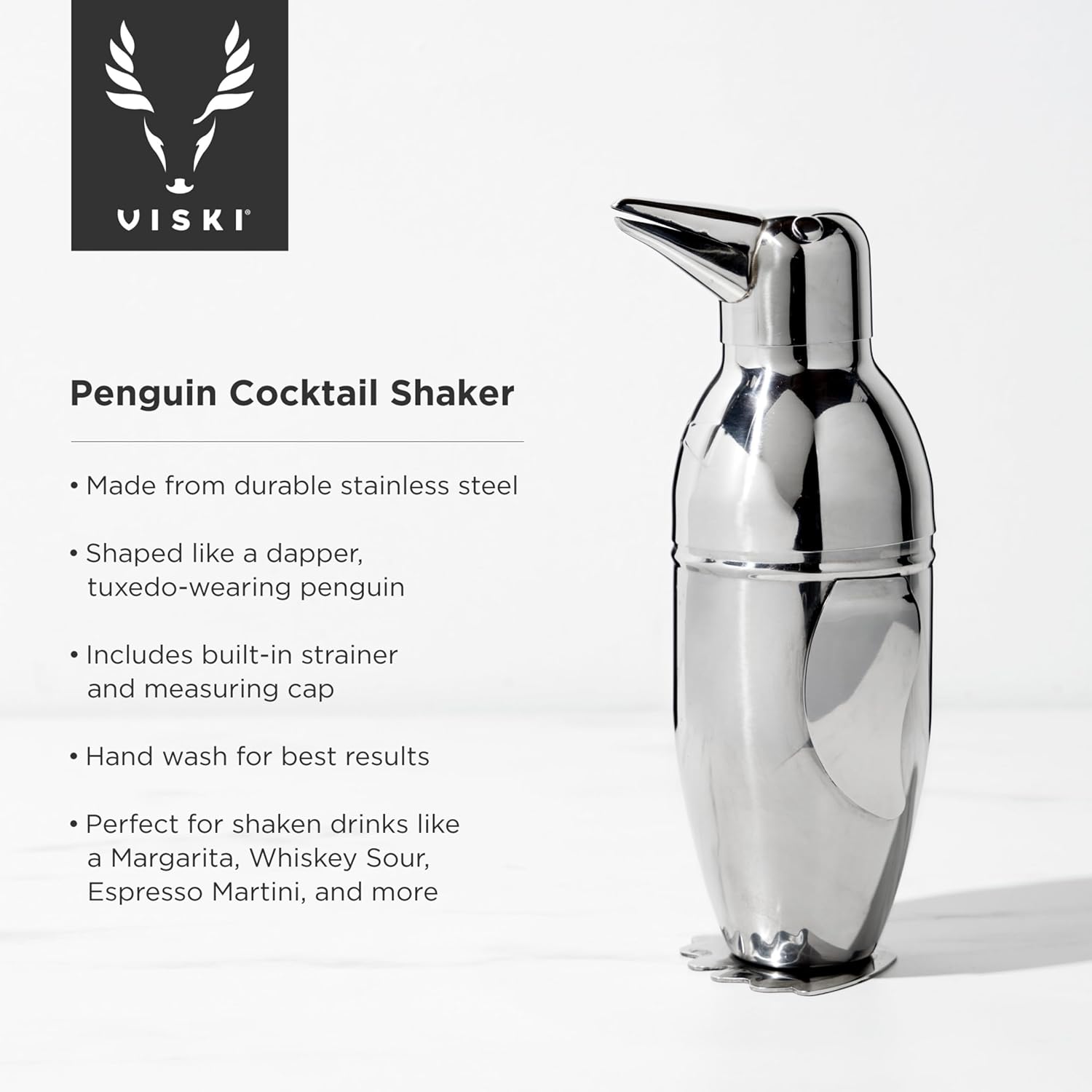 Viski Penguin Cocktail Shaker 17 oz Stainless Steel