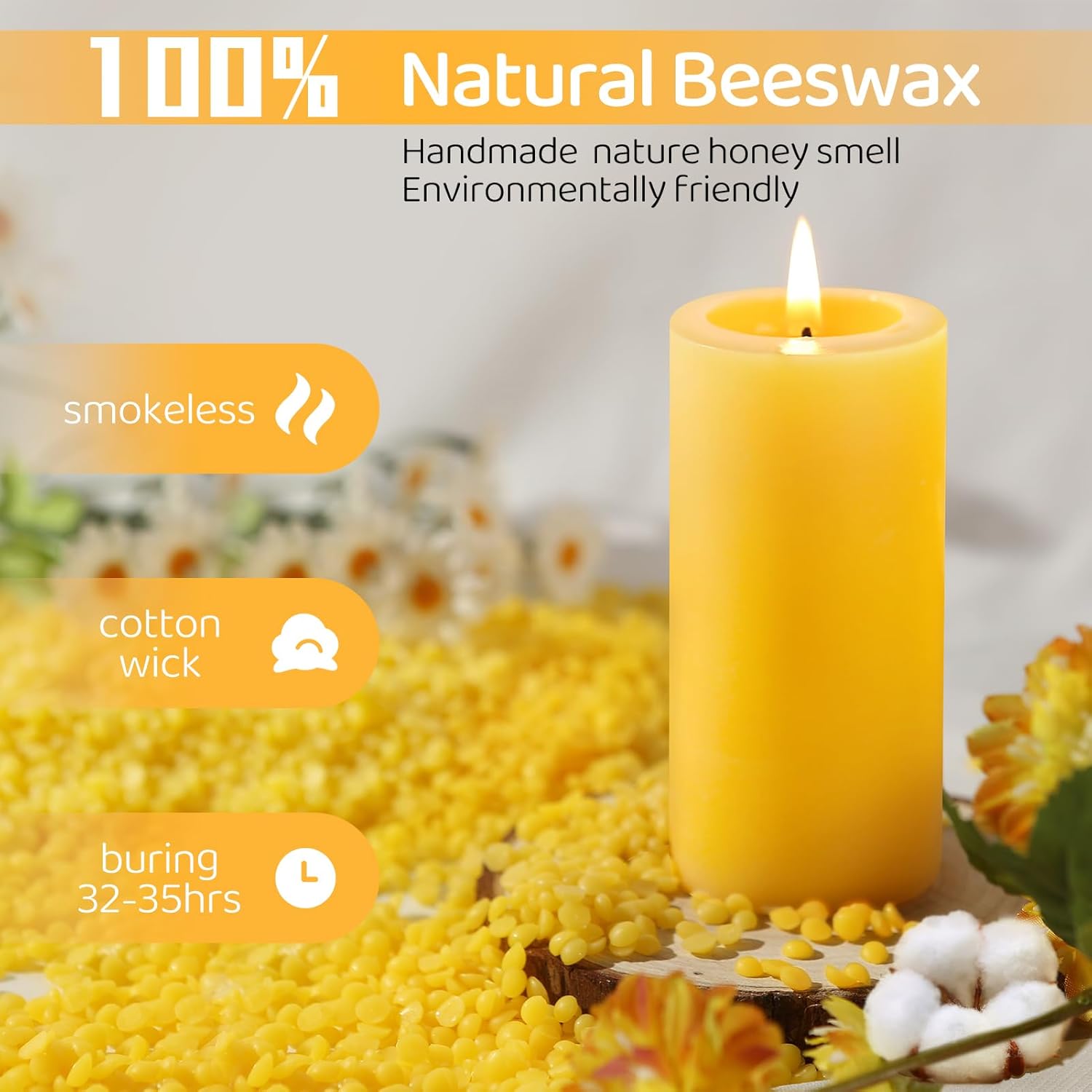6 Pack Natural Beeswax Pillar Candles - 210 Hours Long Burning