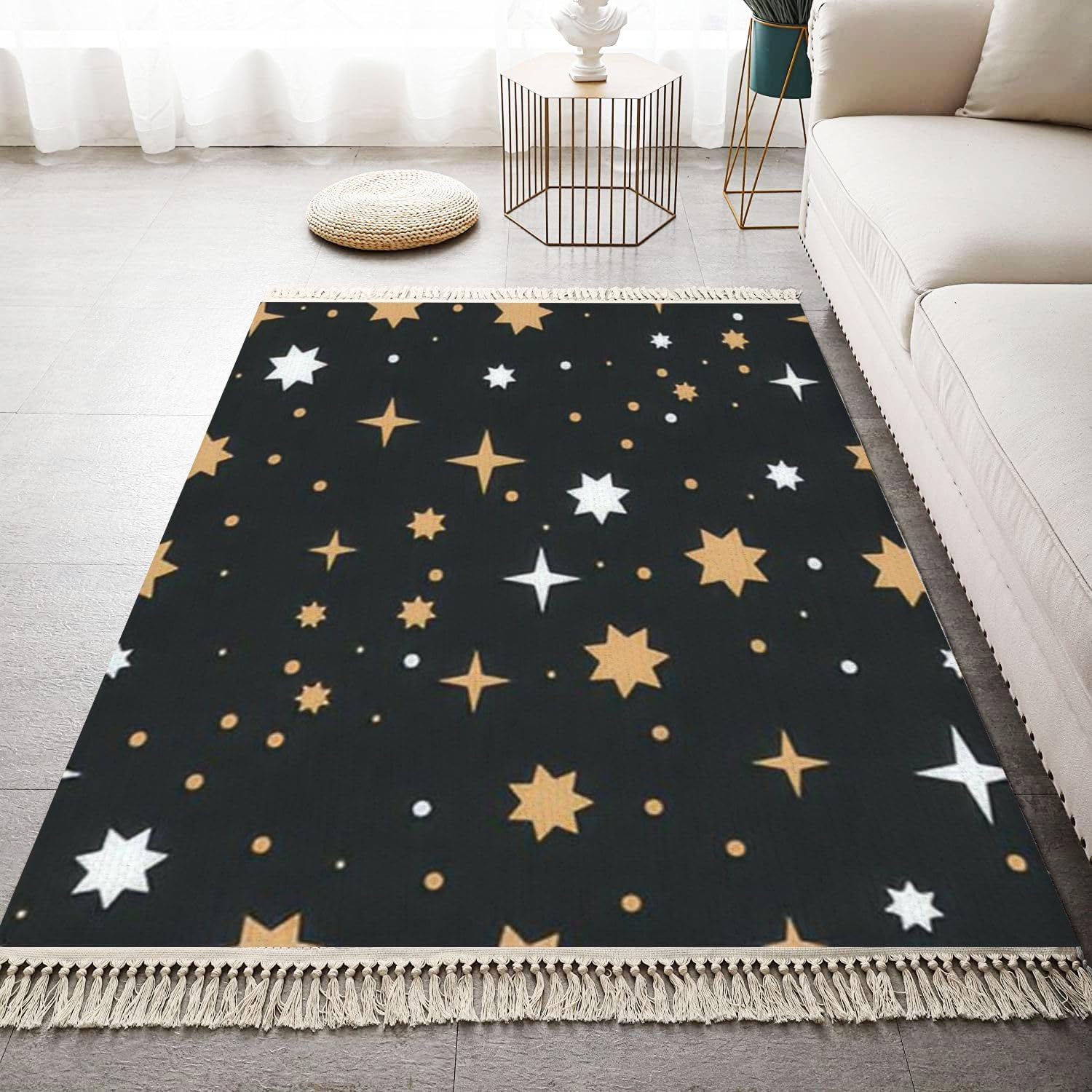 Boho Kids Room Rugs with Tassels and Celestial Design