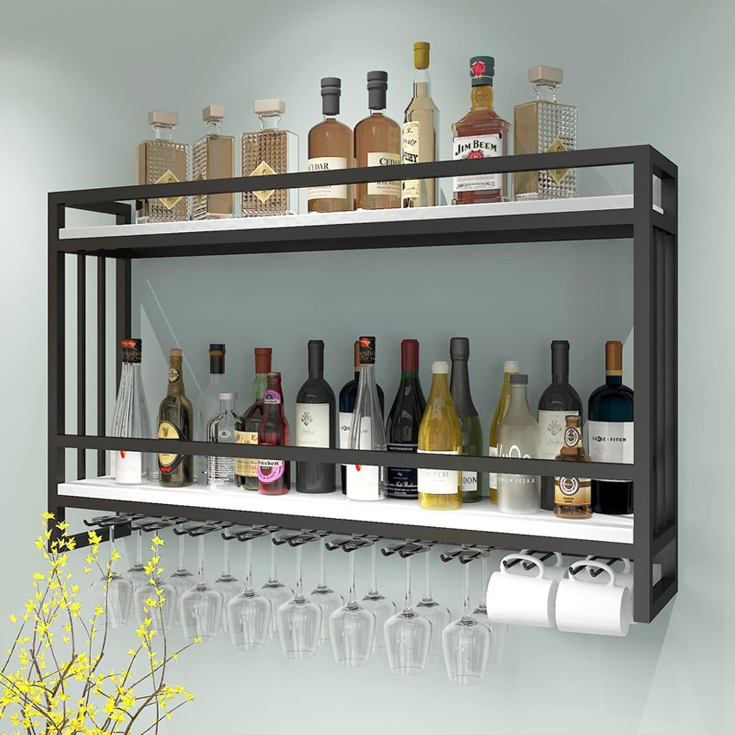 Gold White Wall-Mounted 2 Layer Wine Rack with Hooks