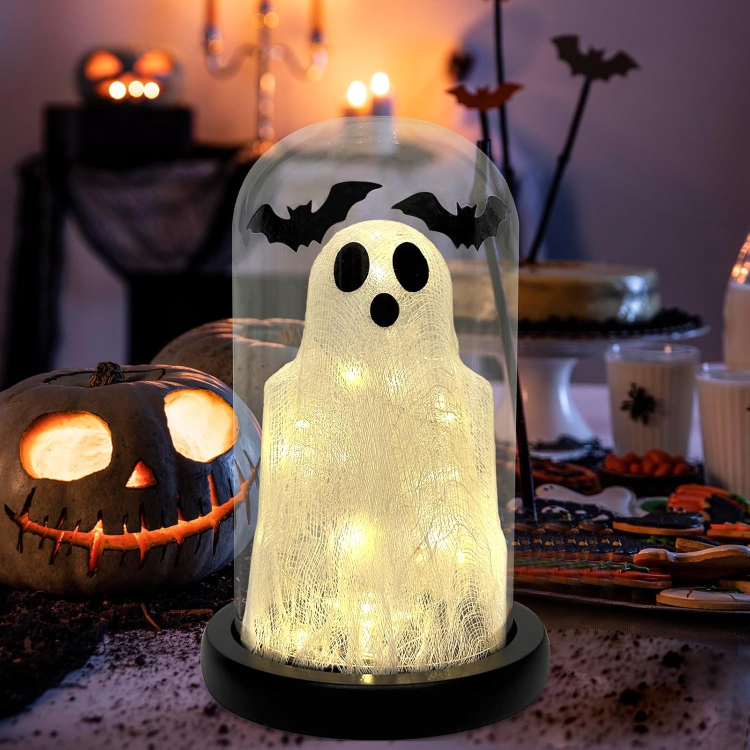 DAZONGE Halloween Decorations Lighted Glass Dome Ghost Cloche