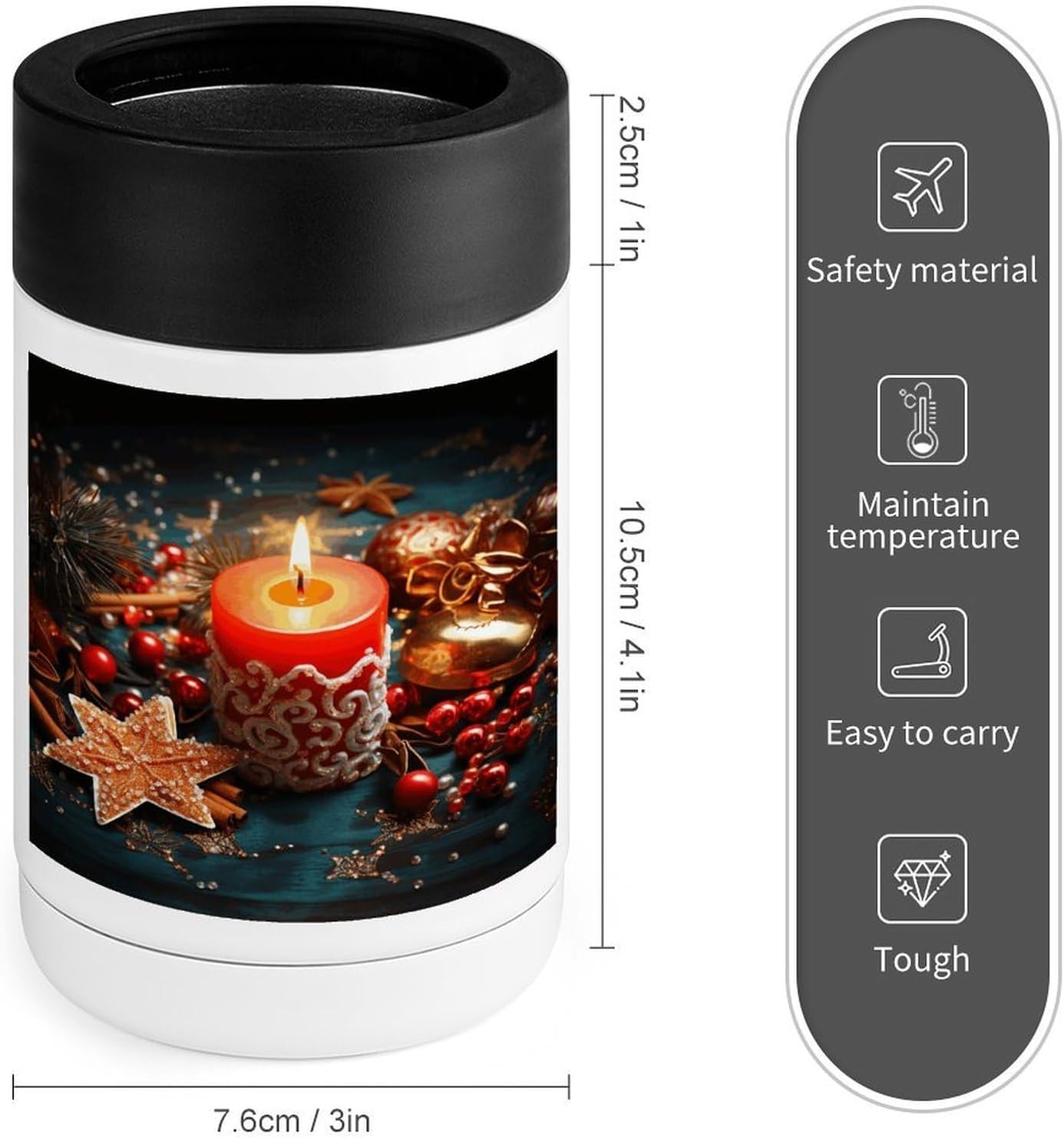 12 Oz Insulated Stainless Steel Can Cooler with Christmas Candle Print
