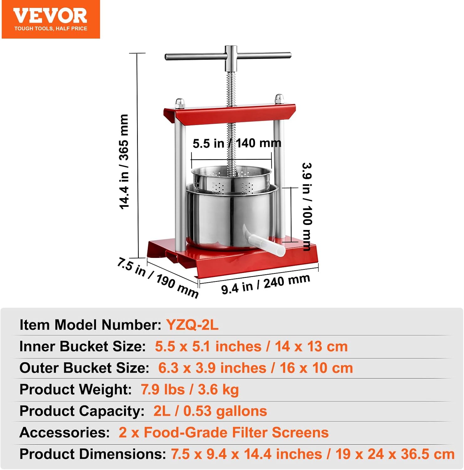 VEVOR Manual Wine Press 2L with Dual Barrels and T-Shaped Handle