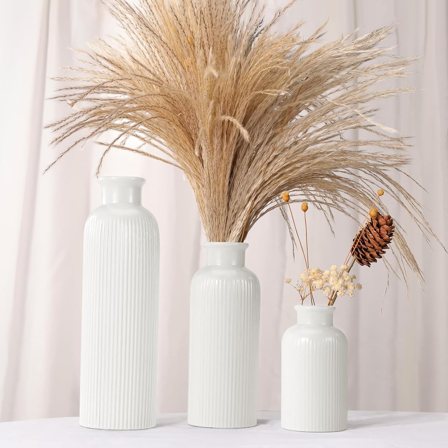 White Ceramic Vase Set of 3 Boho Modern Farmhouse Decor