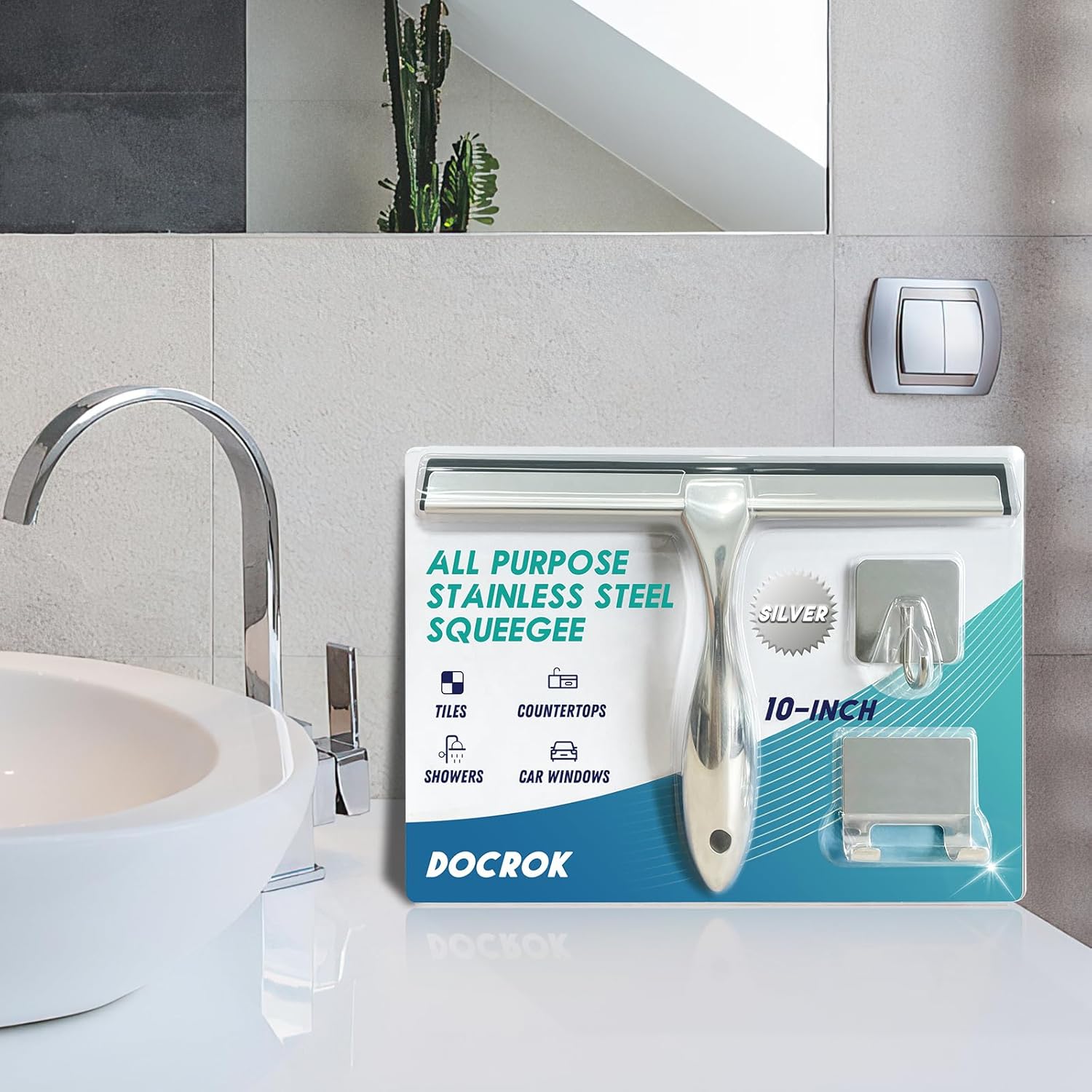 Docrok 10 Inch All-Purpose Shower Squeegee with 2 Hooks