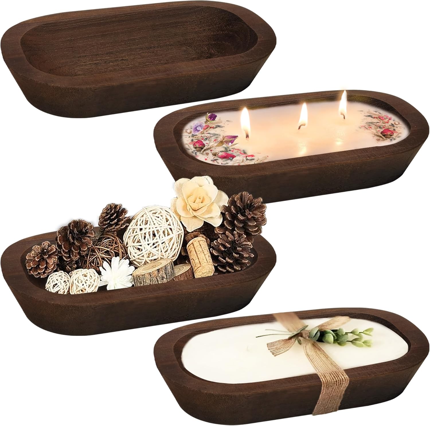 Royxen 4 Pack Wooden Dough Bowl Set Brown Rustic