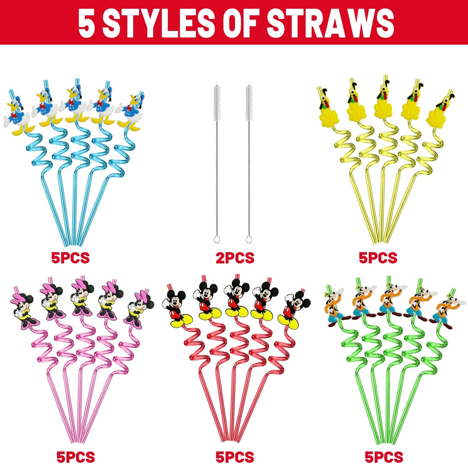 25pcs Mouse Straws with Cleaning Brushes for Birthday Parties