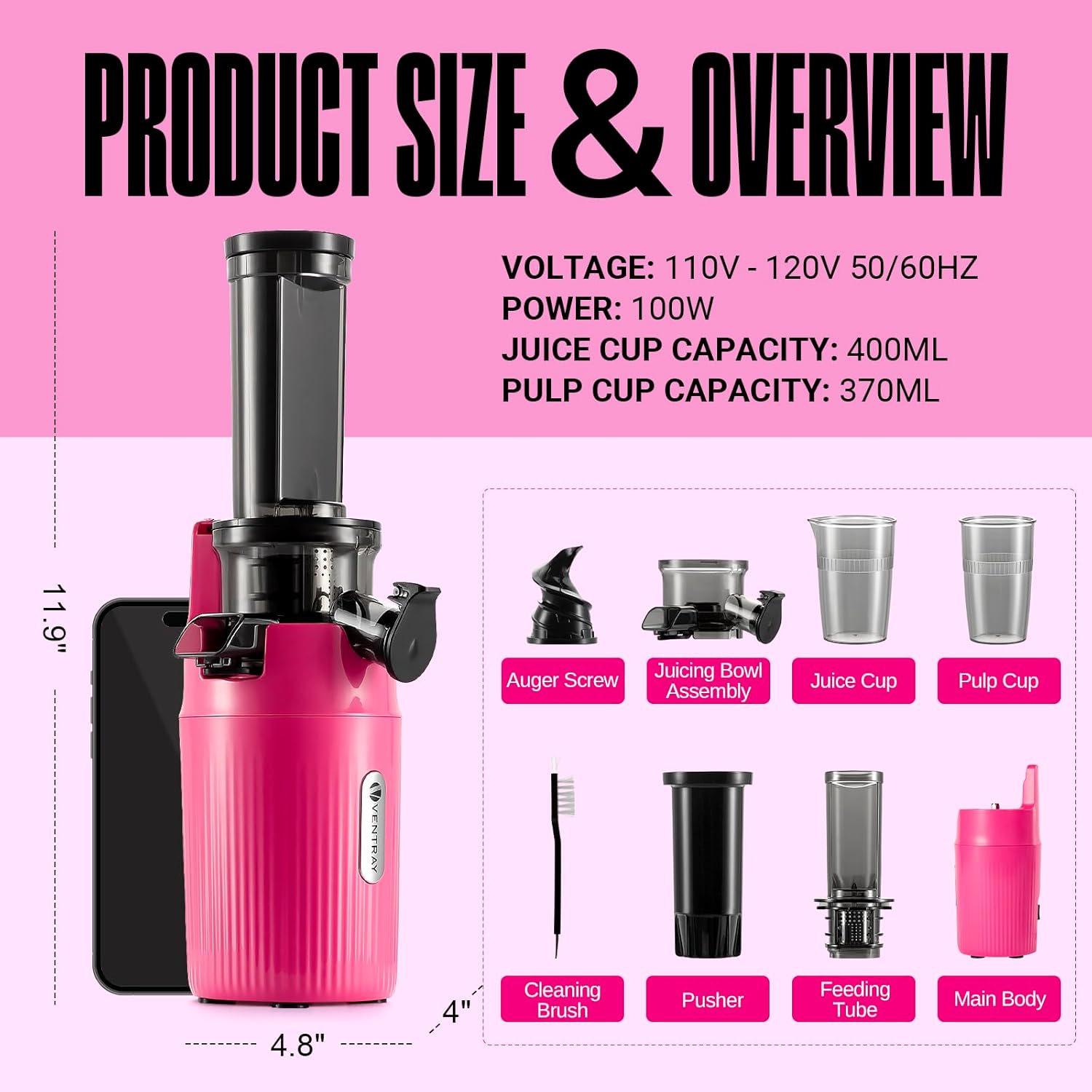 Ventray Ginnie Mini Cold Press Juicer Pink