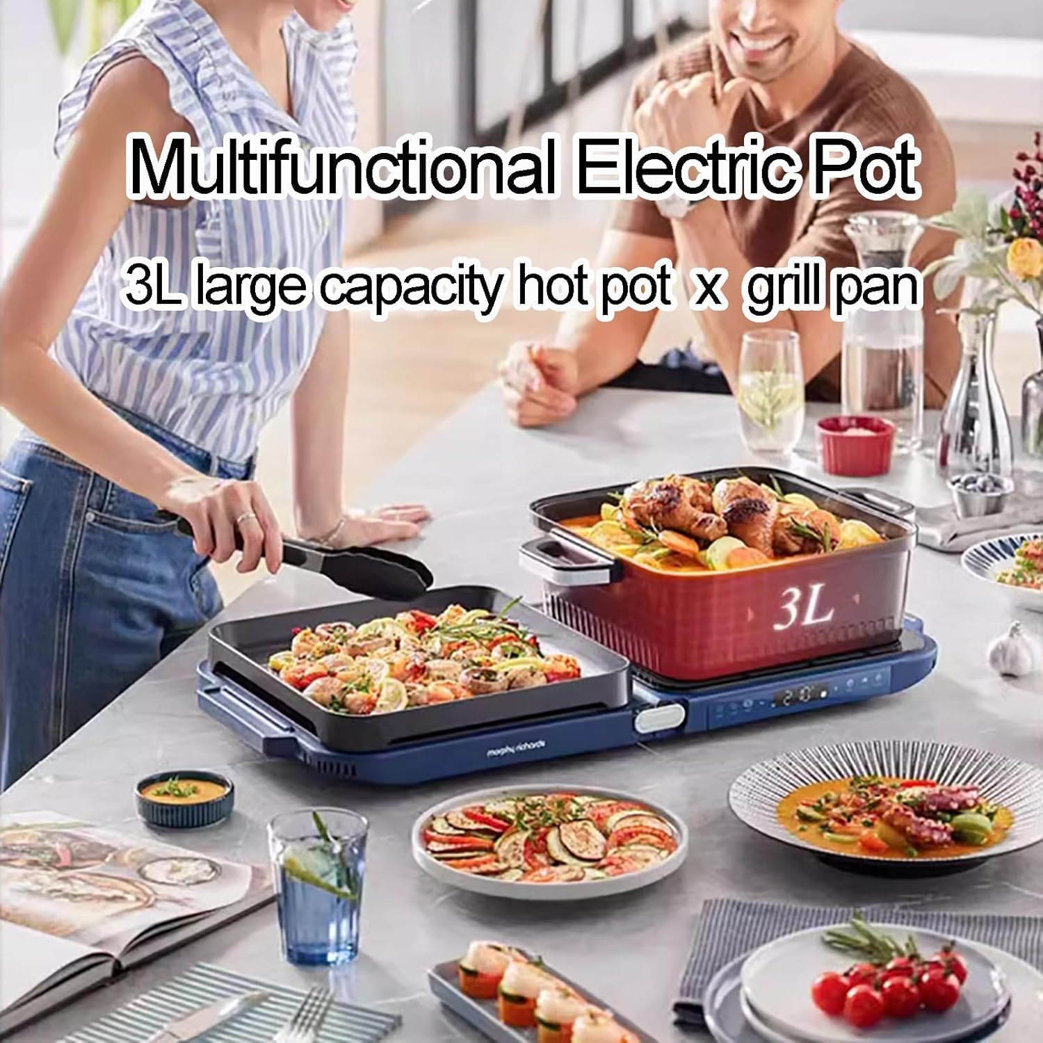 Electric Indoor Grill Hot Pot with 2100W Power and 4 Heat Levels