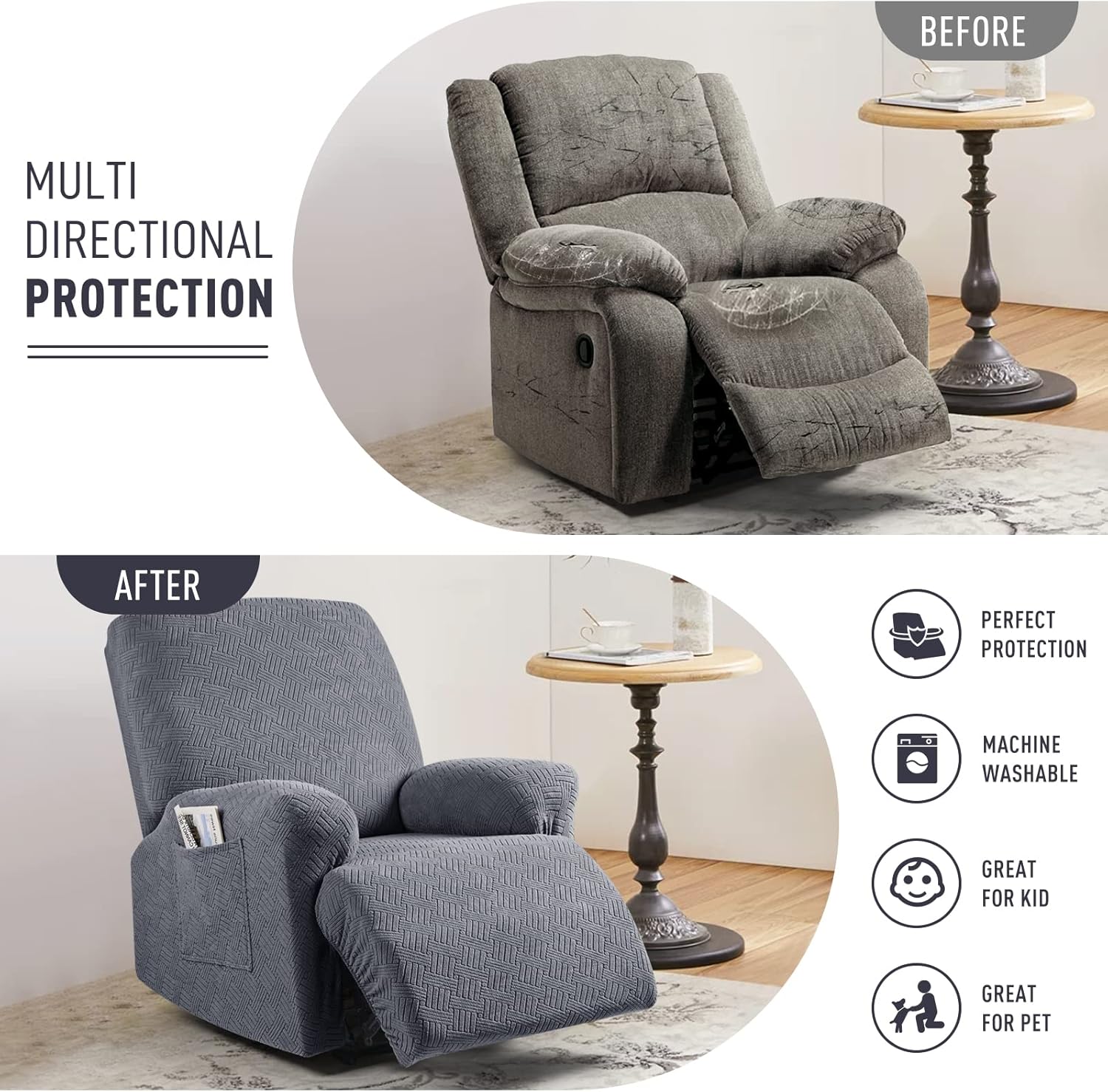KinCam Recliner Chair Covers Dark Gray 1 Seater