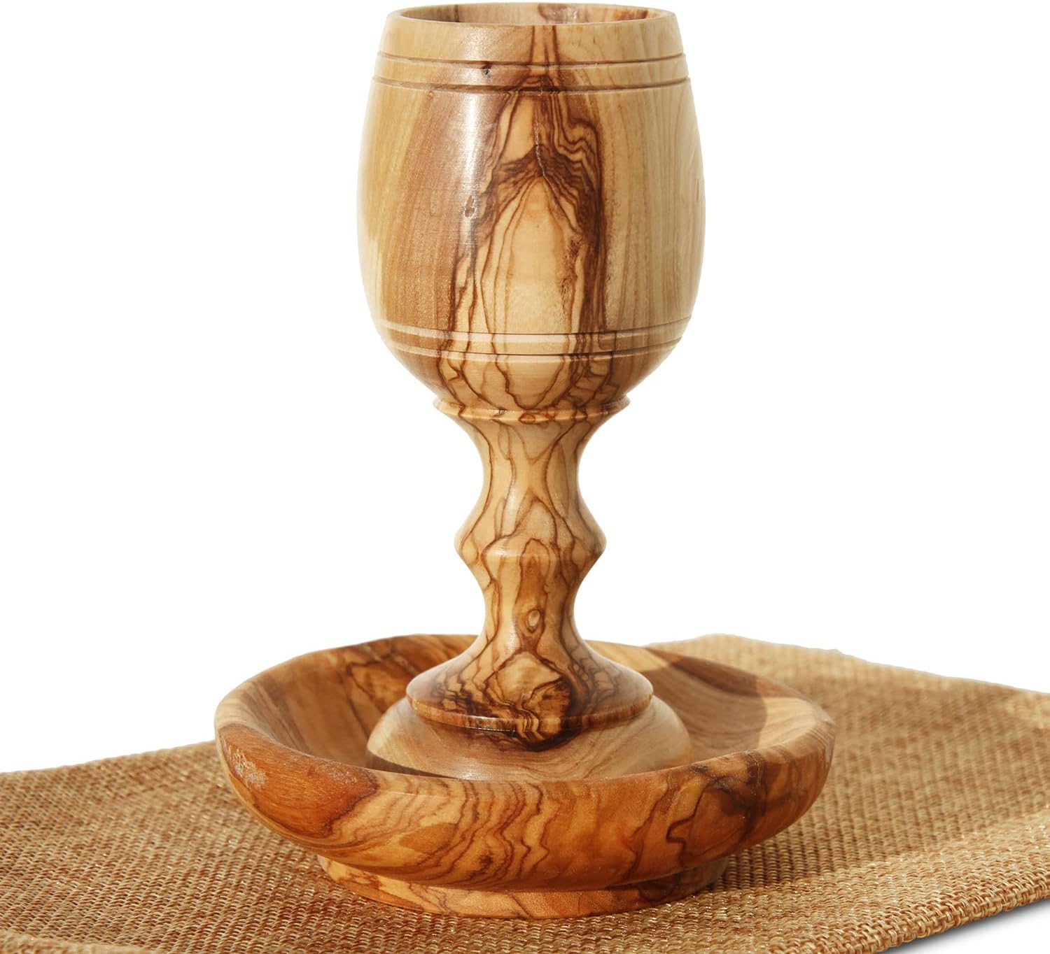 Hand-Carved Olive Wood Communion Cup with Bread Tray