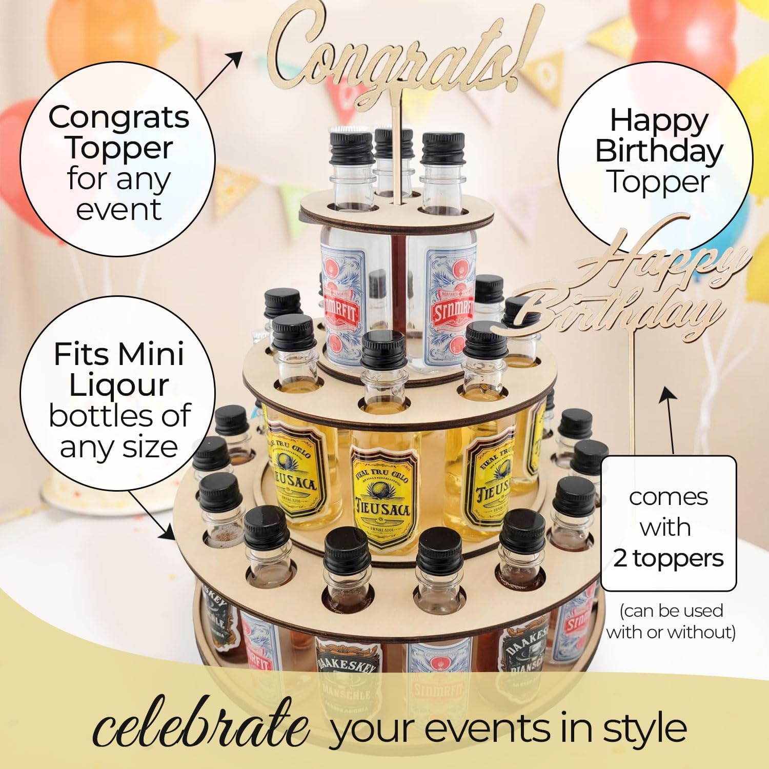 Shot Cake Party Centerpiece Display Three Tier Natural Wood