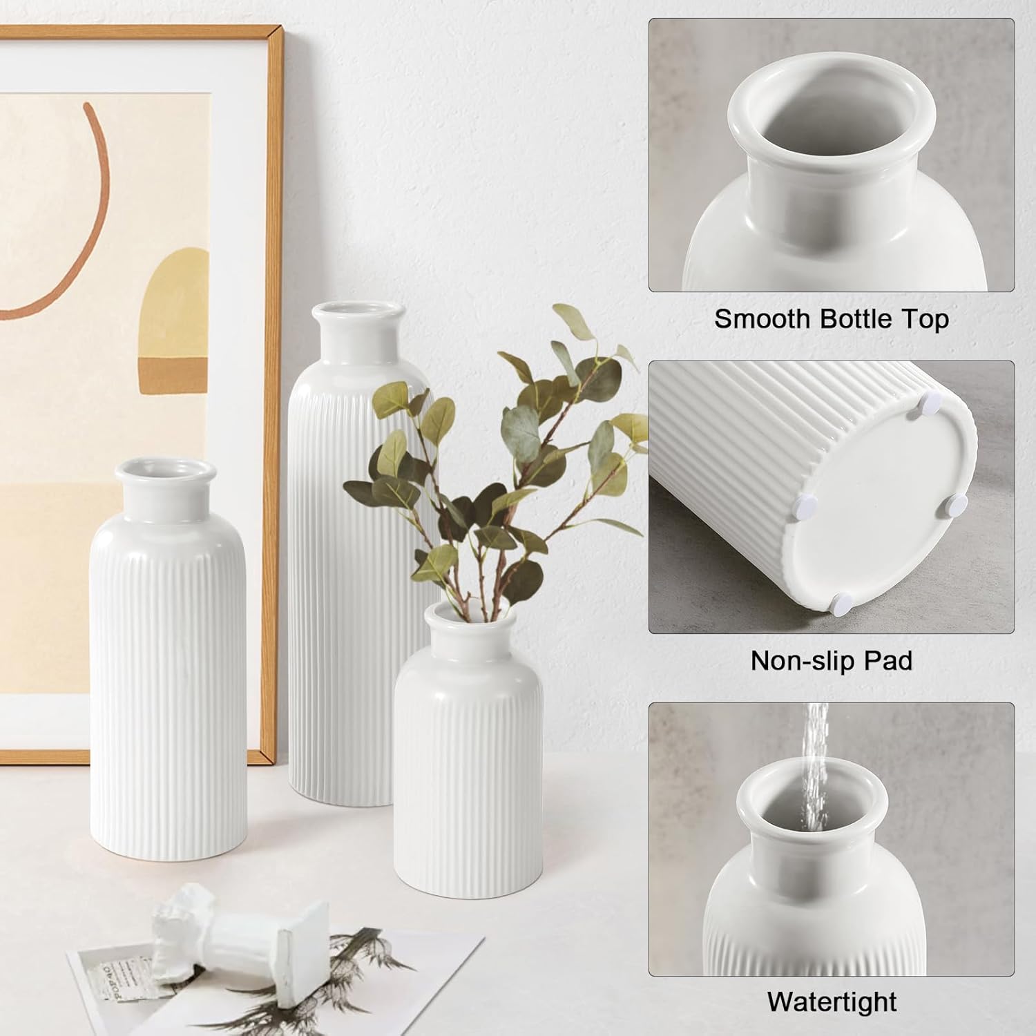 White Ceramic Vase Set of 3 Boho Modern Farmhouse Decor