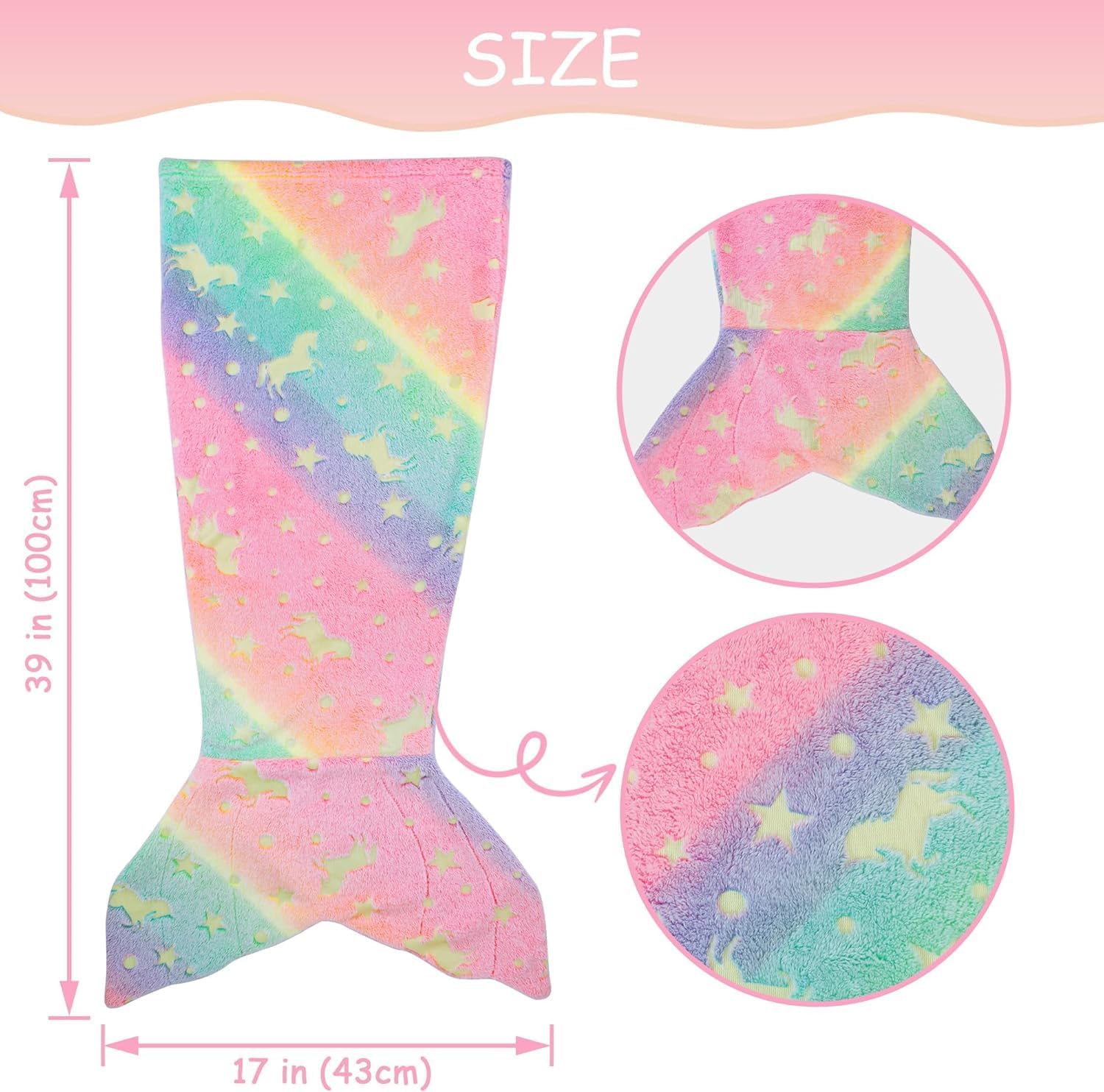 Viviland Kids Mermaid Tail Blanket - Glow in the Dark Super Soft Flannel 17x39