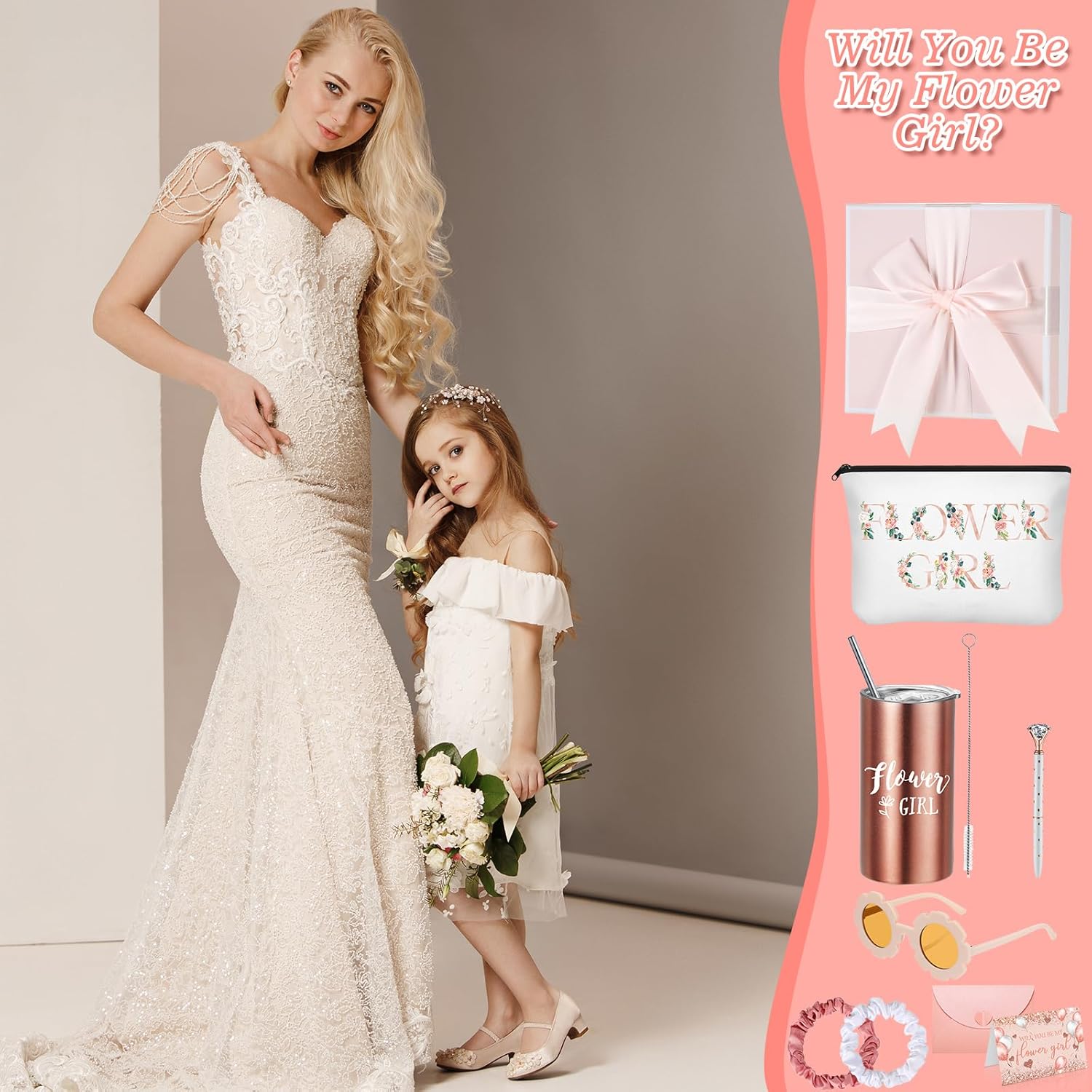 Sieral 9 Pcs Flower Girl Wedding Gift Set Pink Retro