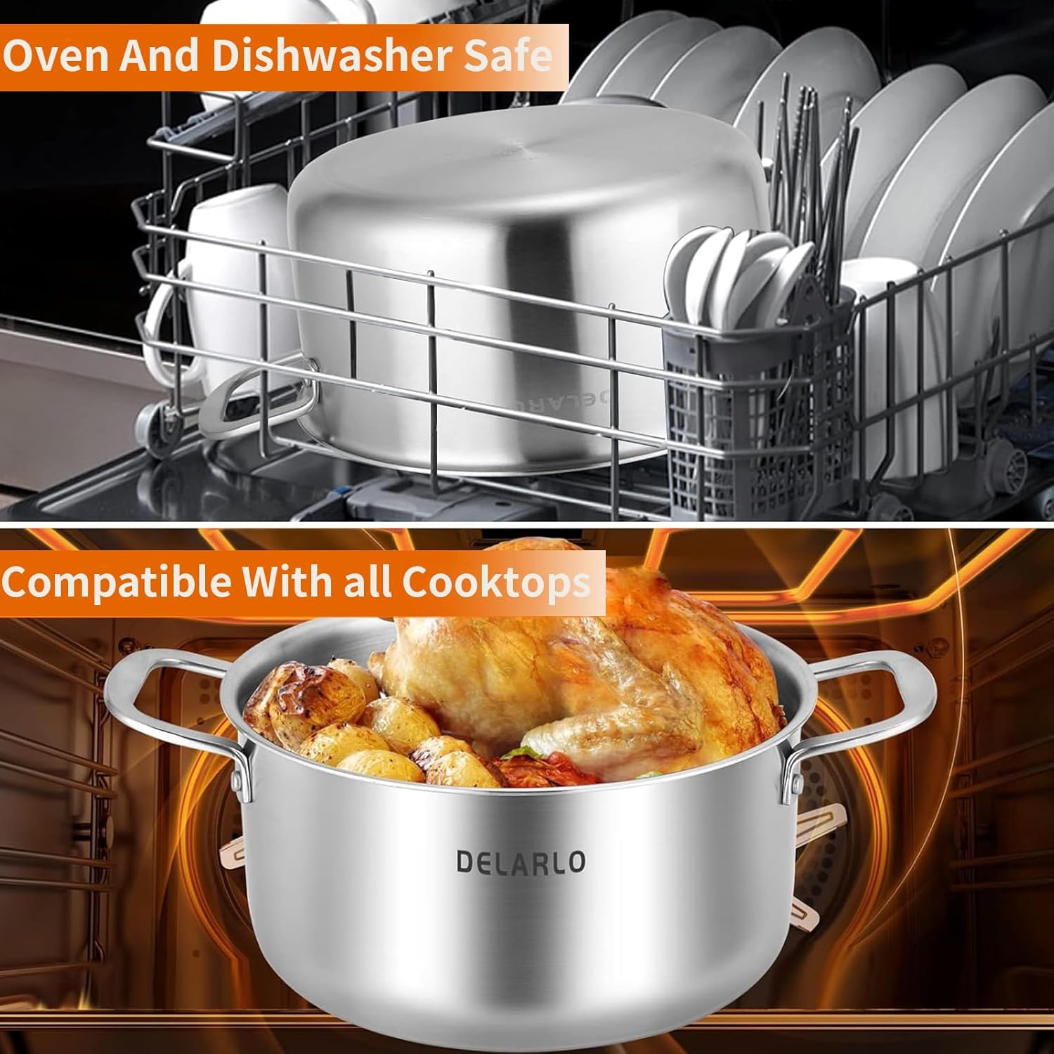 Delarlo Tri-Ply Stainless Steel 6 Quart Pot with Lid