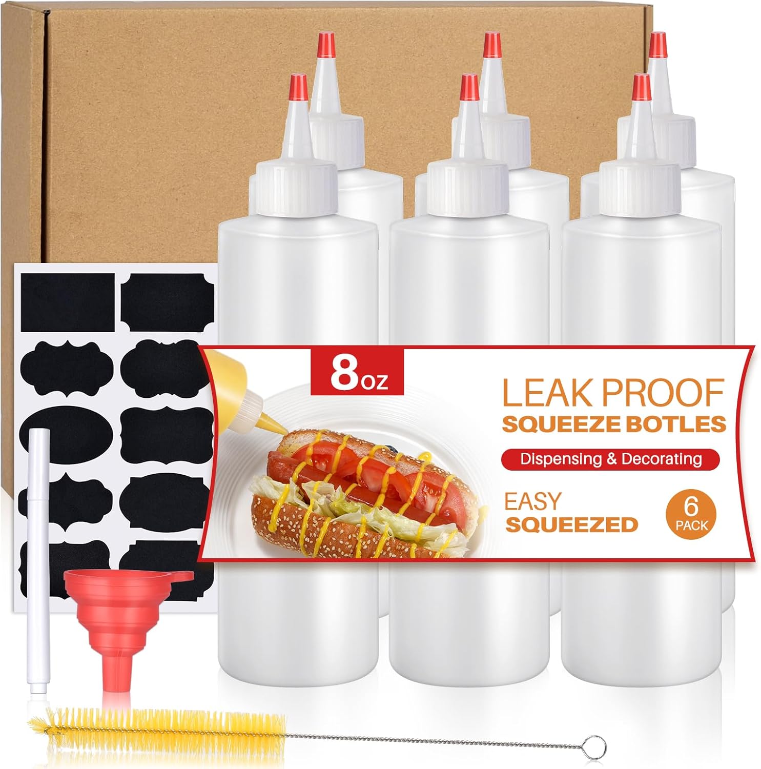 Sopito 8oz Condiment Squeeze Bottles with Labels and Funnels 6 Pack