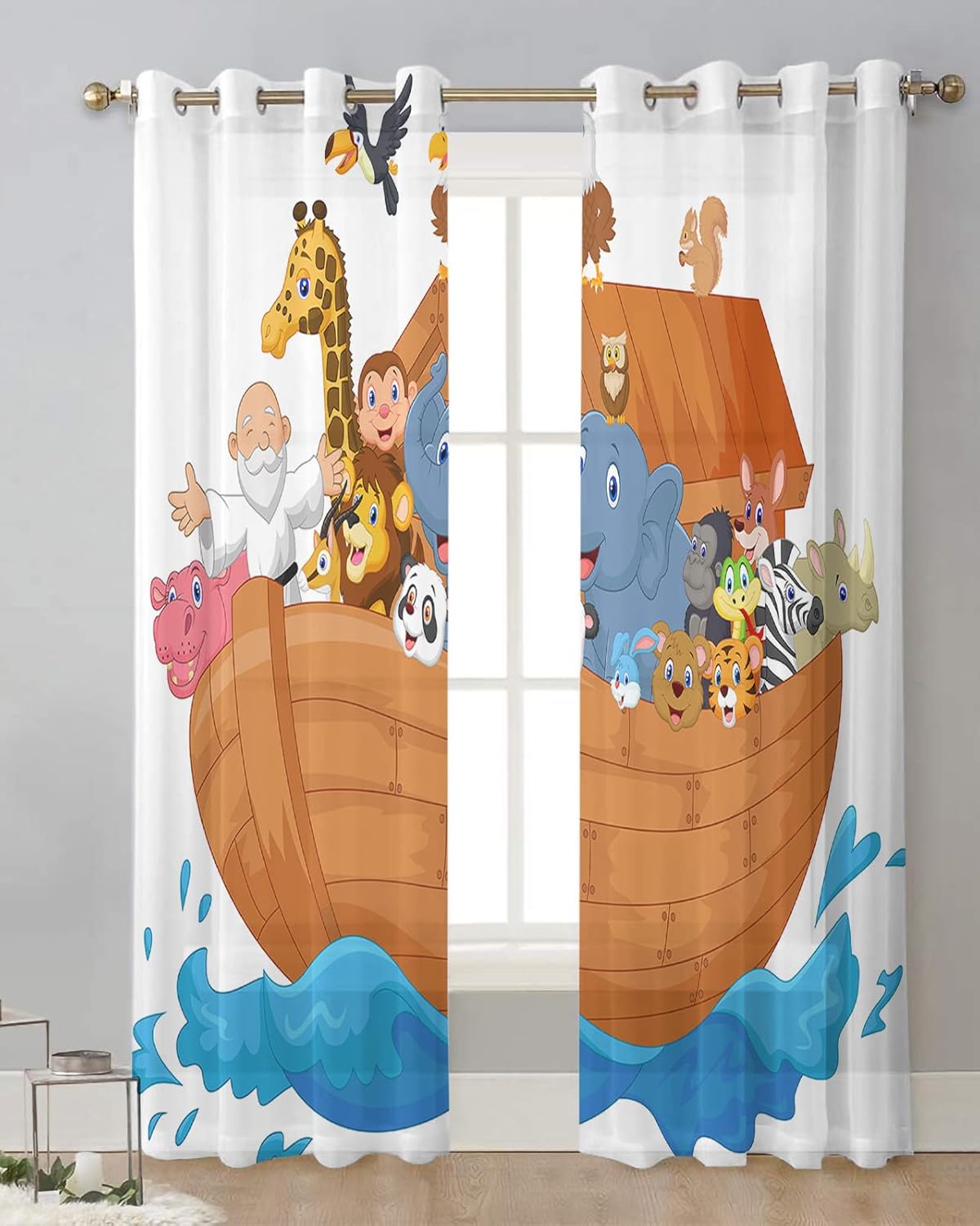Teamery Cartoon Noahs Ark Sheer Curtains 2 Panels 63 Inches Long