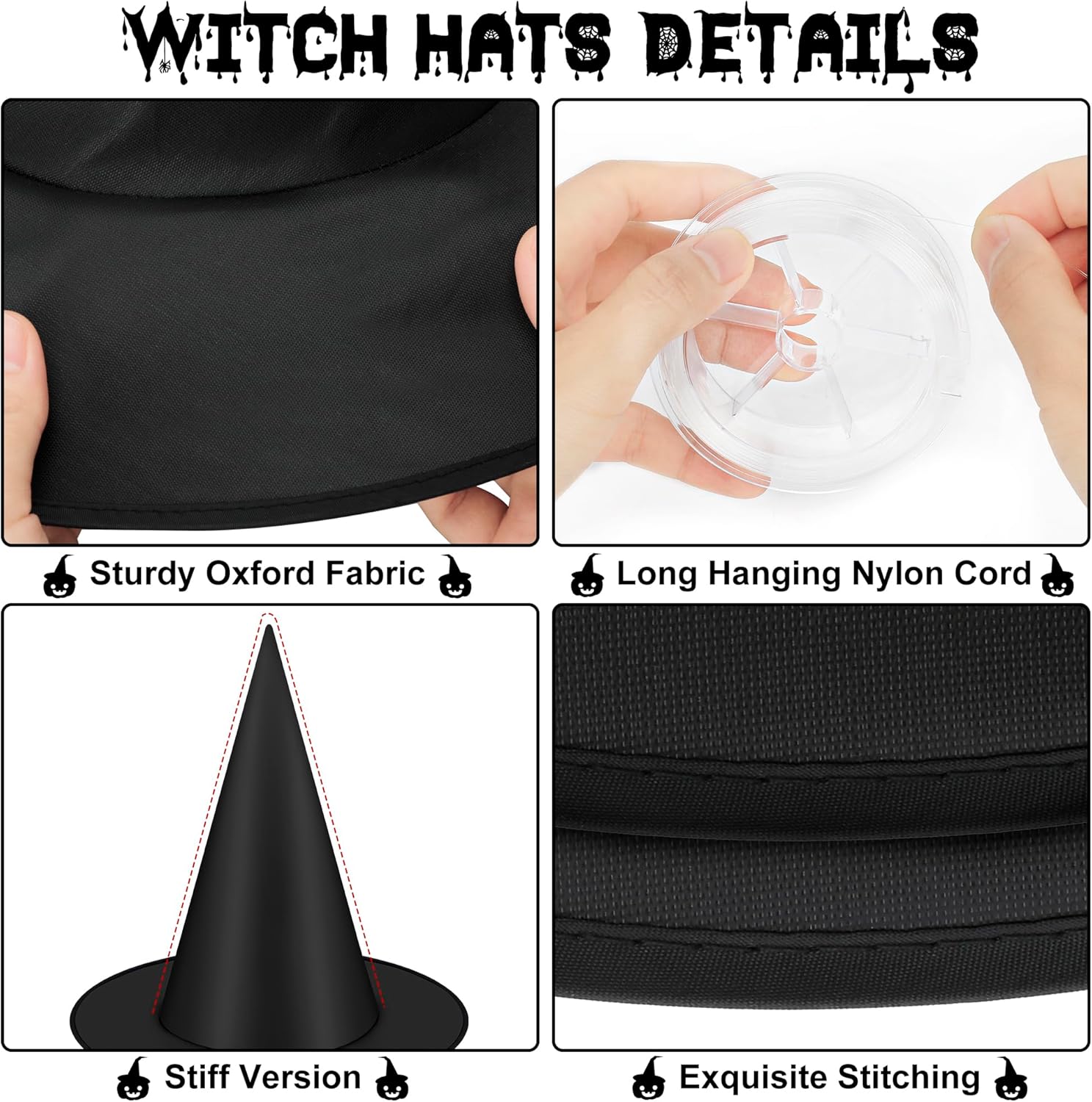 12 Piece Halloween Witch Hats with 328 FT Cord