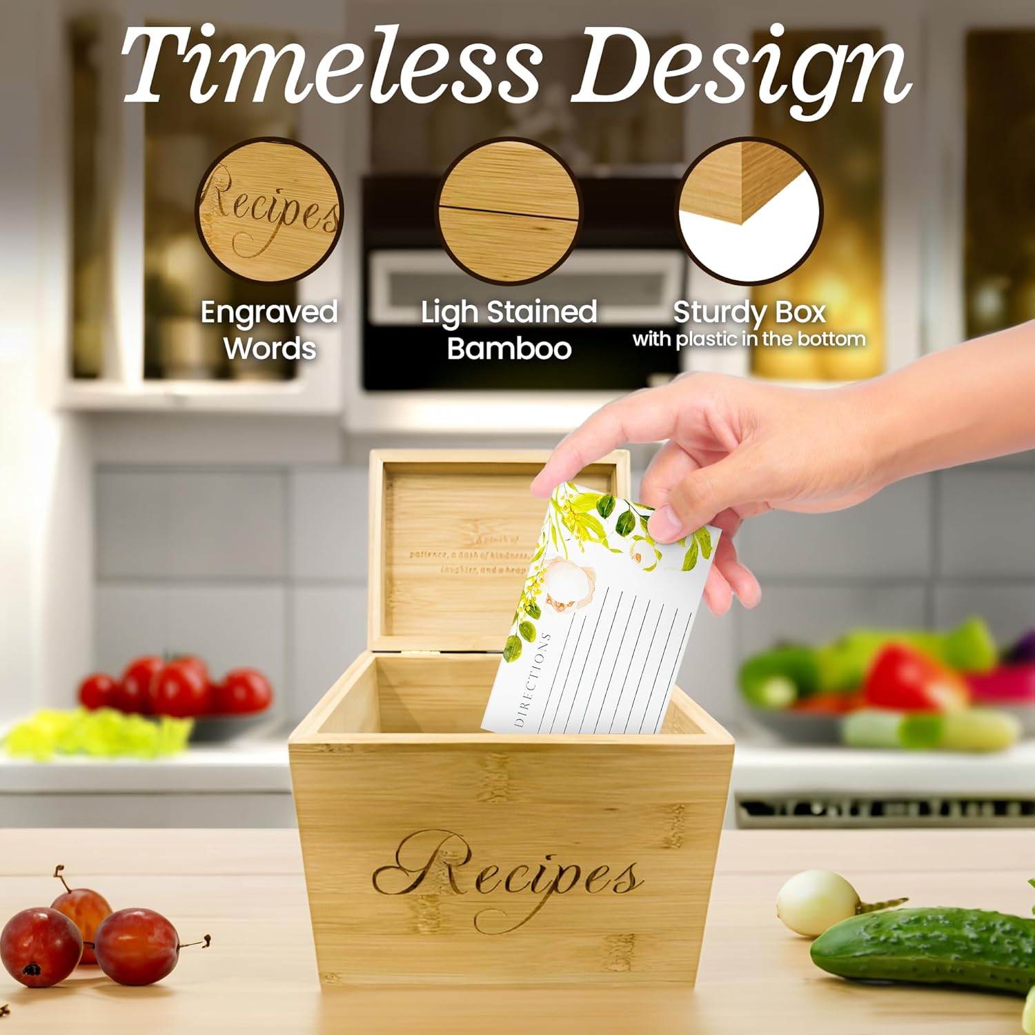 Wooden Recipe Box with 100 Labeled Cards Organizer for Family Recipes