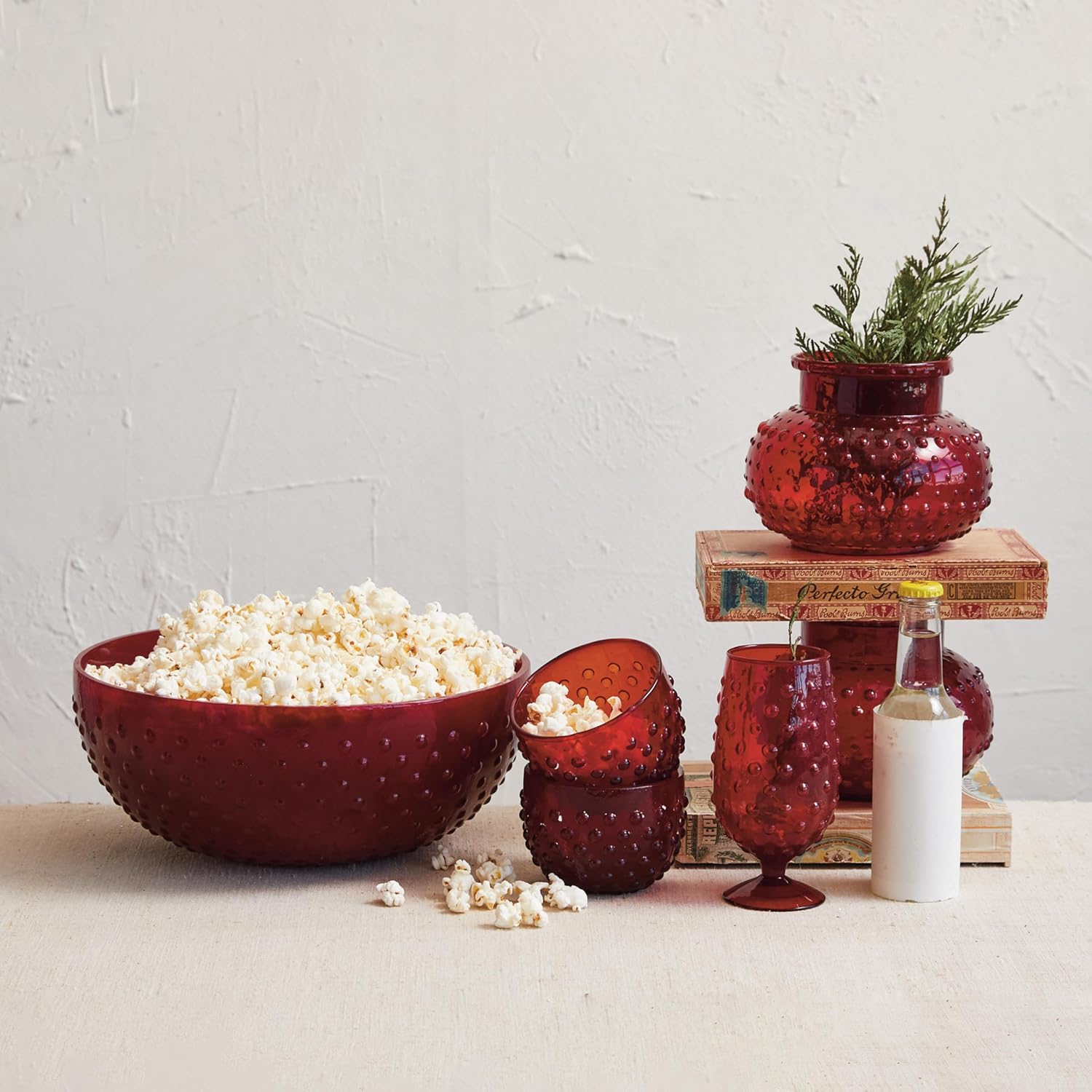 Creative Co Op Red Glass Hobnail Serving Bowl