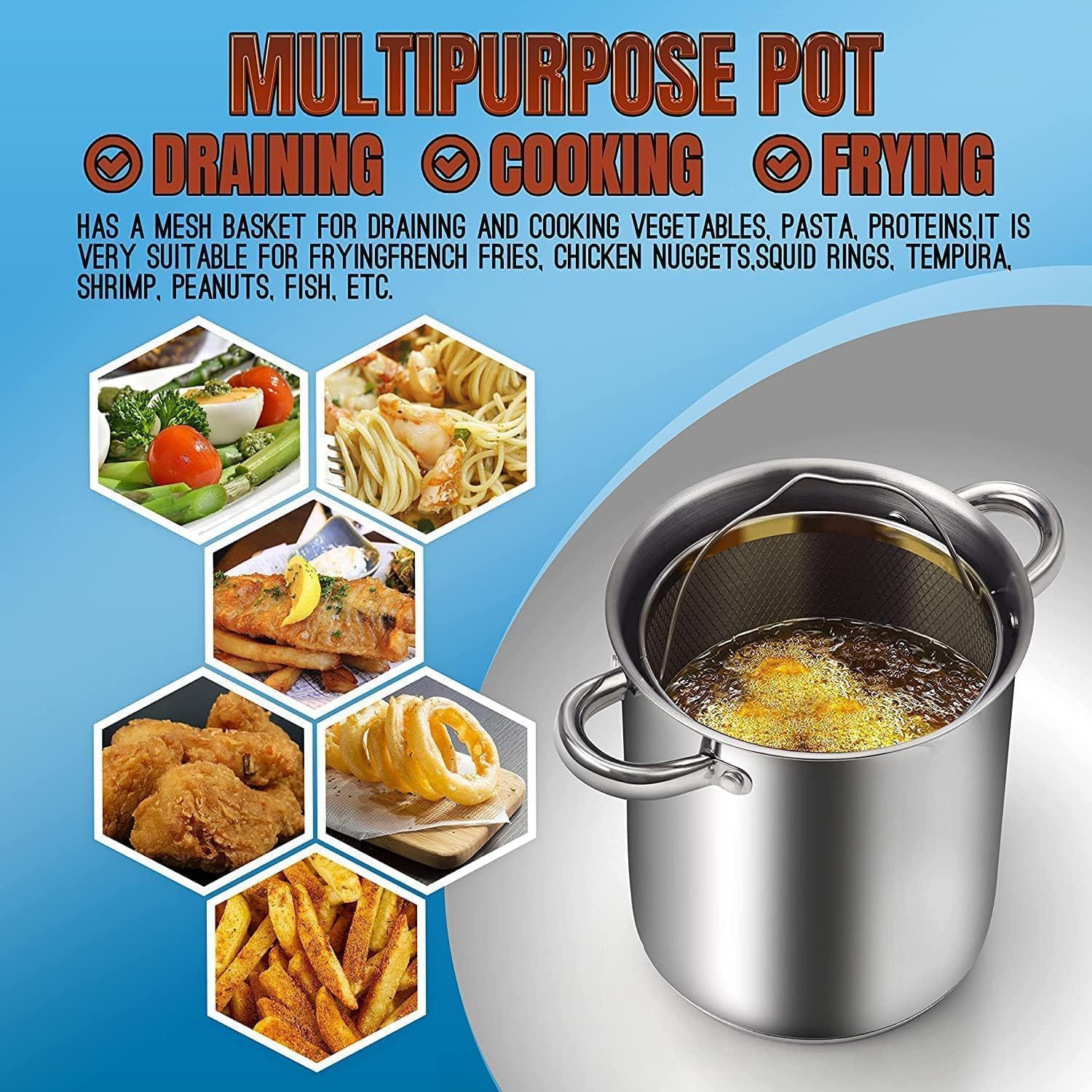Cook N Home 304 Stainless Steel Deep Fryer Pot with Drip Drainer
