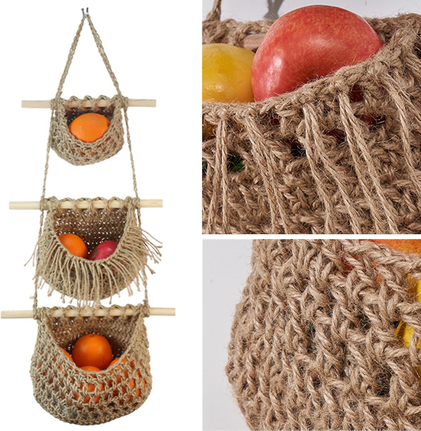 3 Tier Jute Hanging Fruit Basket for Kitchen