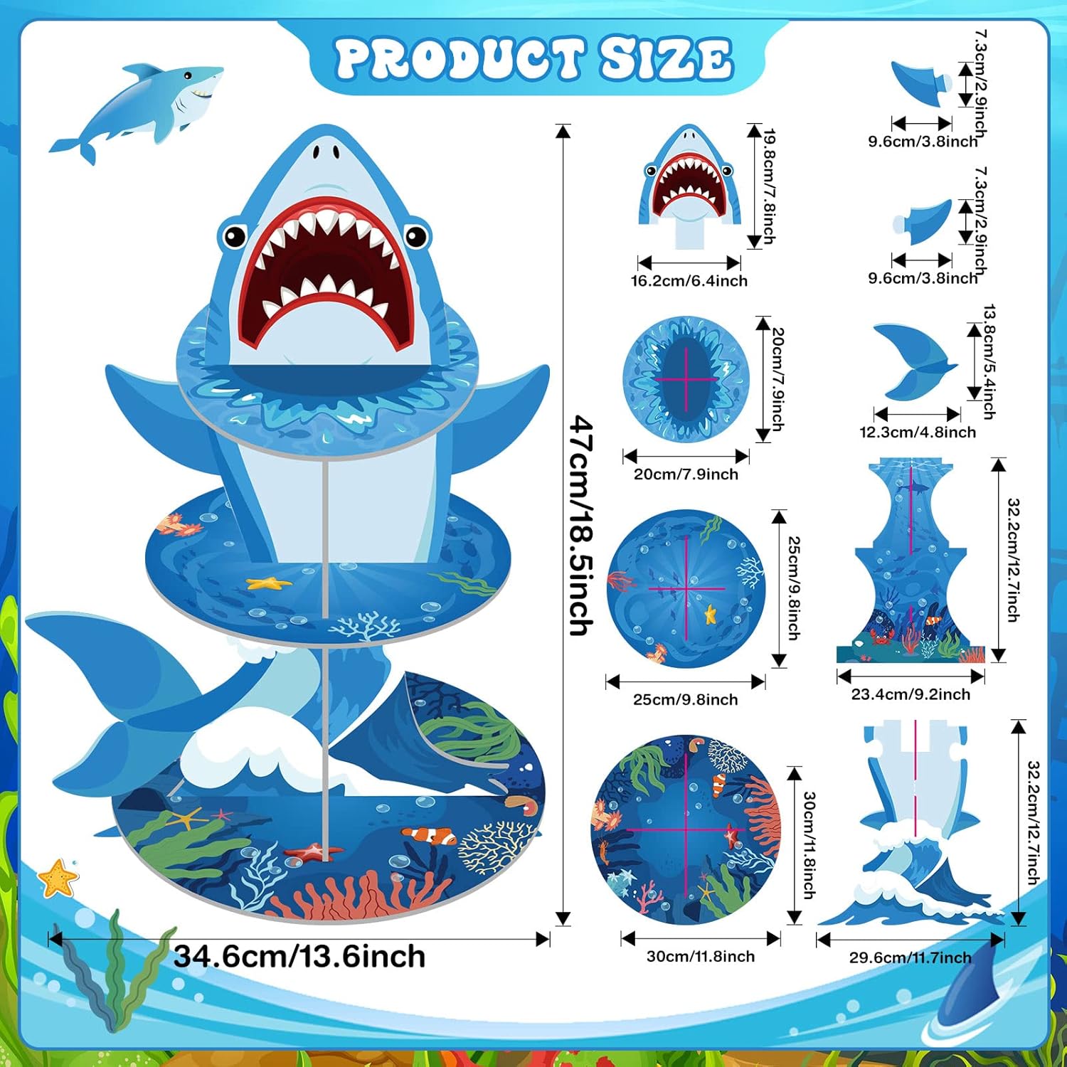 Zopeal 3 Tier Shark Cupcake Stand Ocean Theme Party Decorations