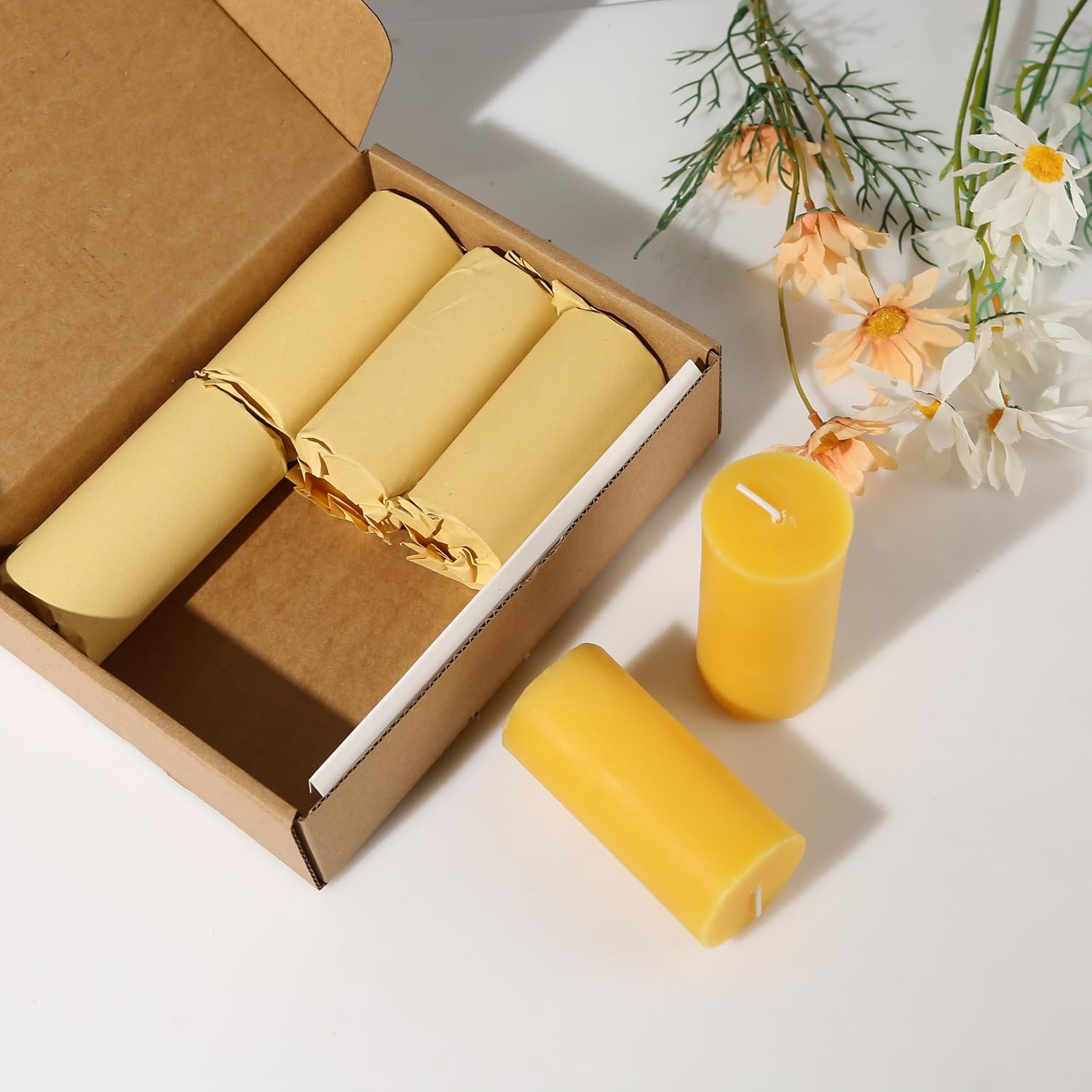 6 Pack Natural Beeswax Pillar Candles - 210 Hours Long Burning