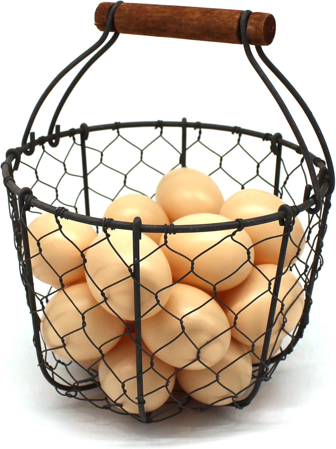 CVHOMEDECO Round Chicken Wire Egg Basket with Wooden Handle