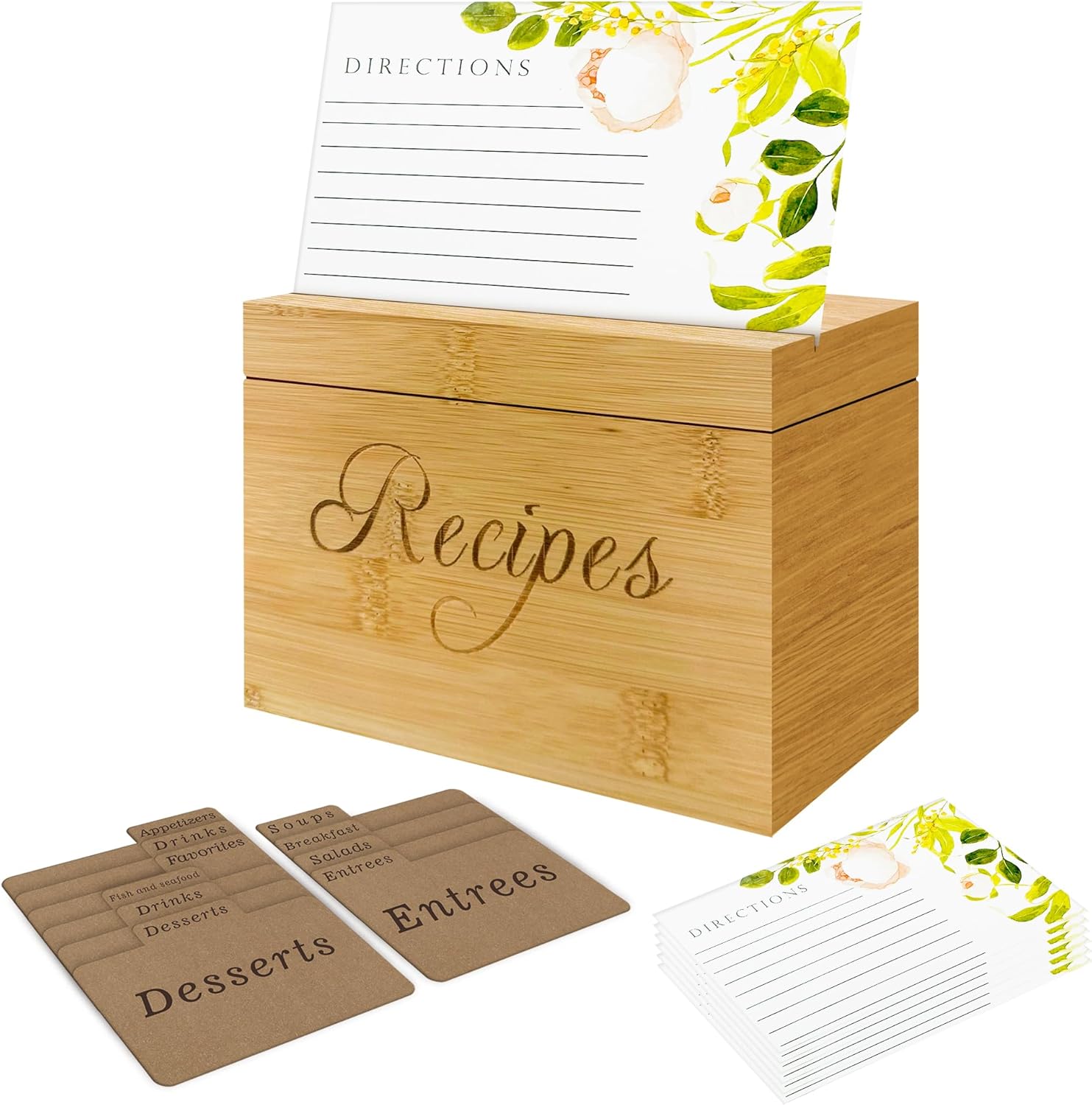 Wooden Recipe Box with 100 Labeled Cards Organizer for Family Recipes