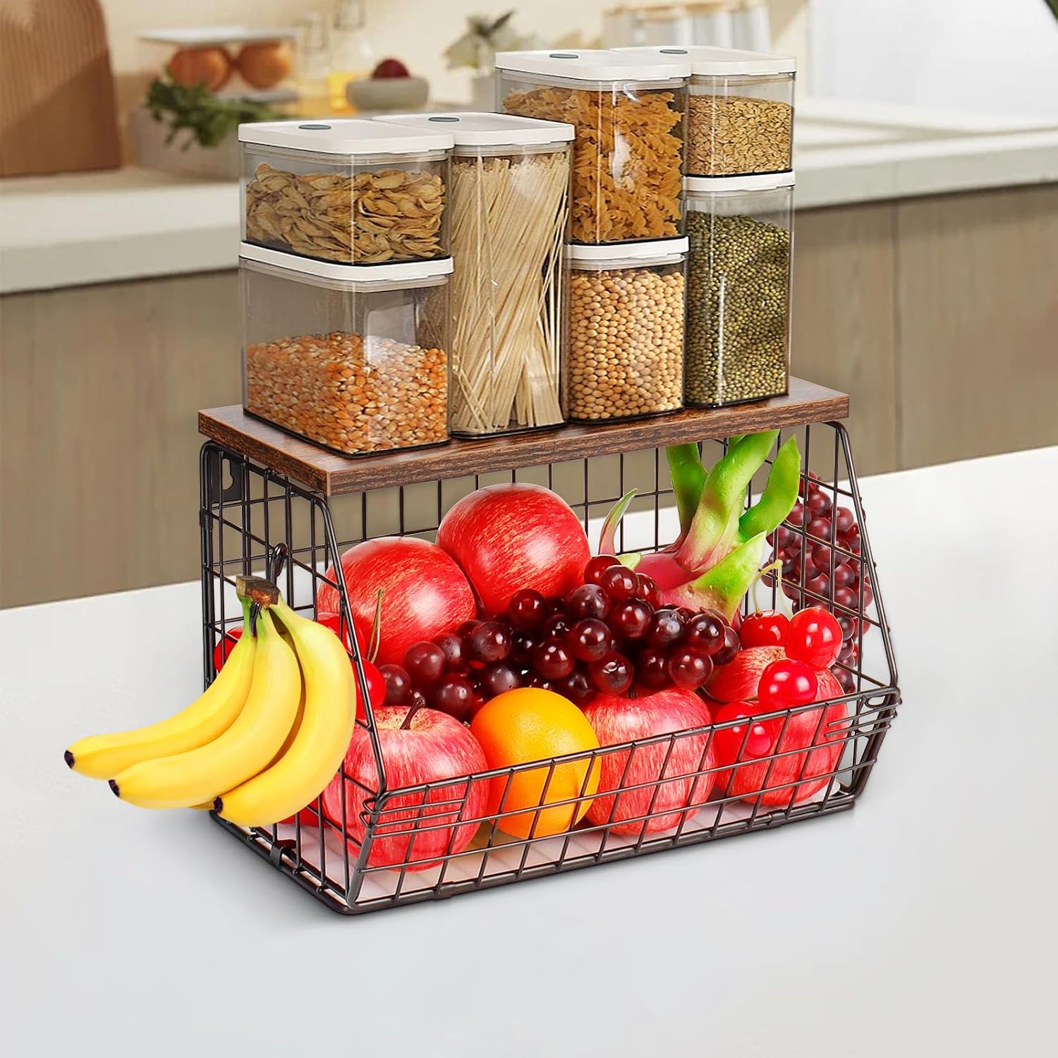 Livabber Fruit Basket with Wood Shelf and 4 S-Hooks