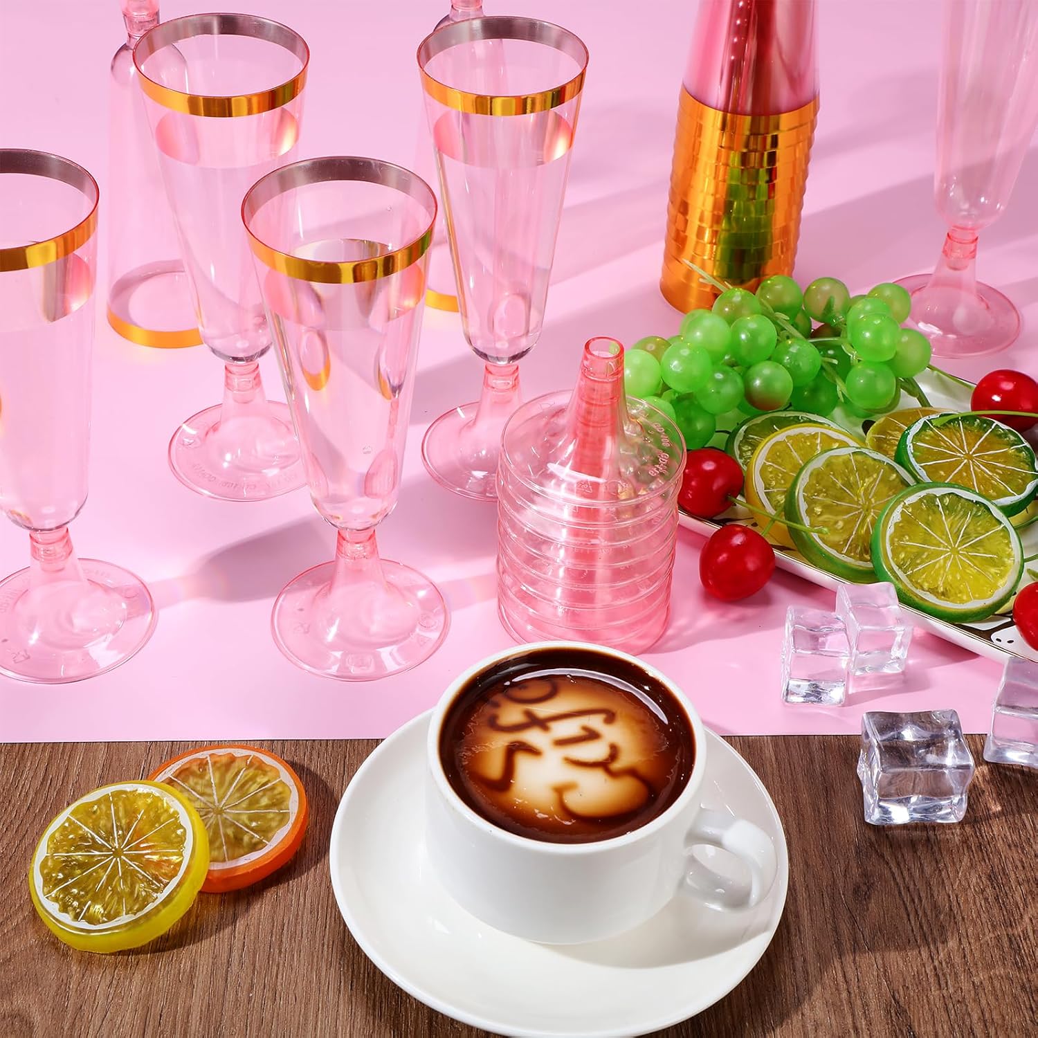 Dandat 100 Pcs Pink Champagne Flutes with Gold Rim