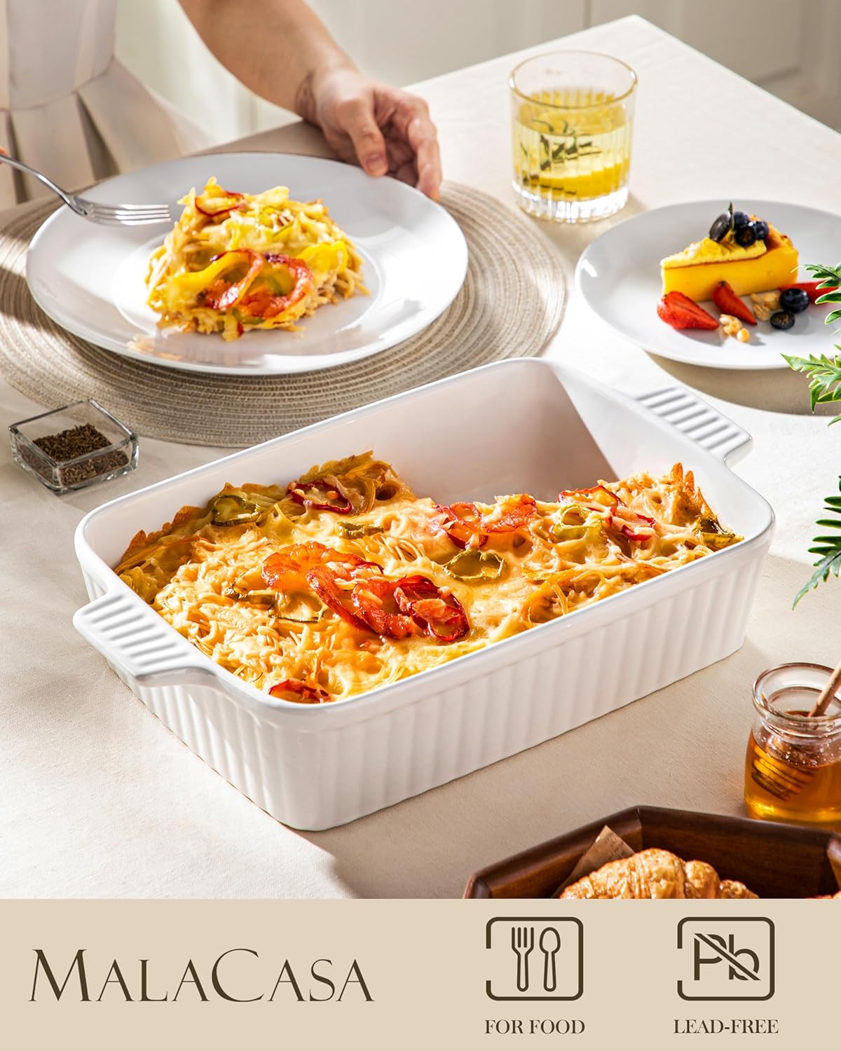 MALACASA 44 QT Baking Dish 9x13 White Rectangular Lasagna Pan with Handles