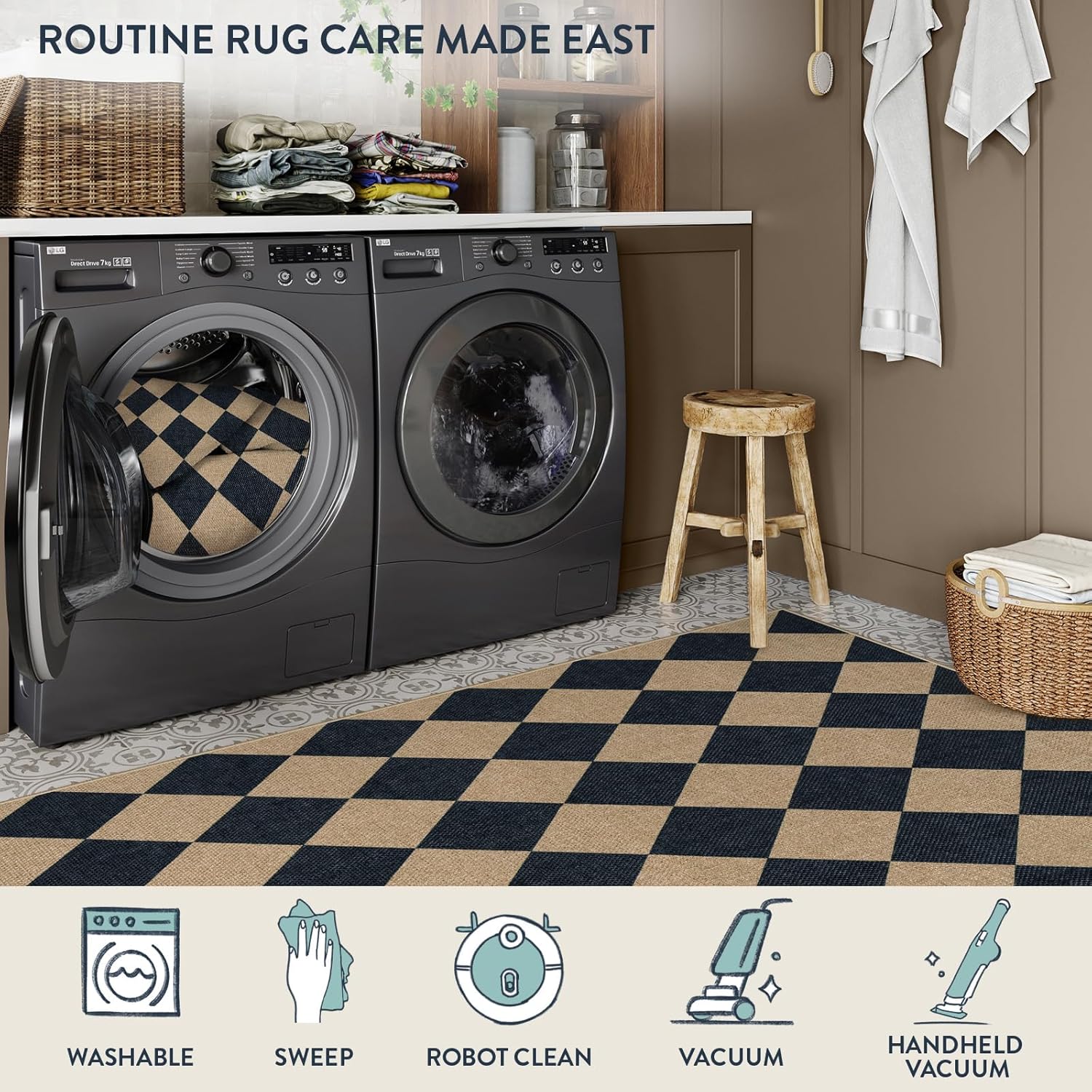 Lahome Checkered Jute-Style Runner Rug 2x8 Non-Slip Indoor Outdoor