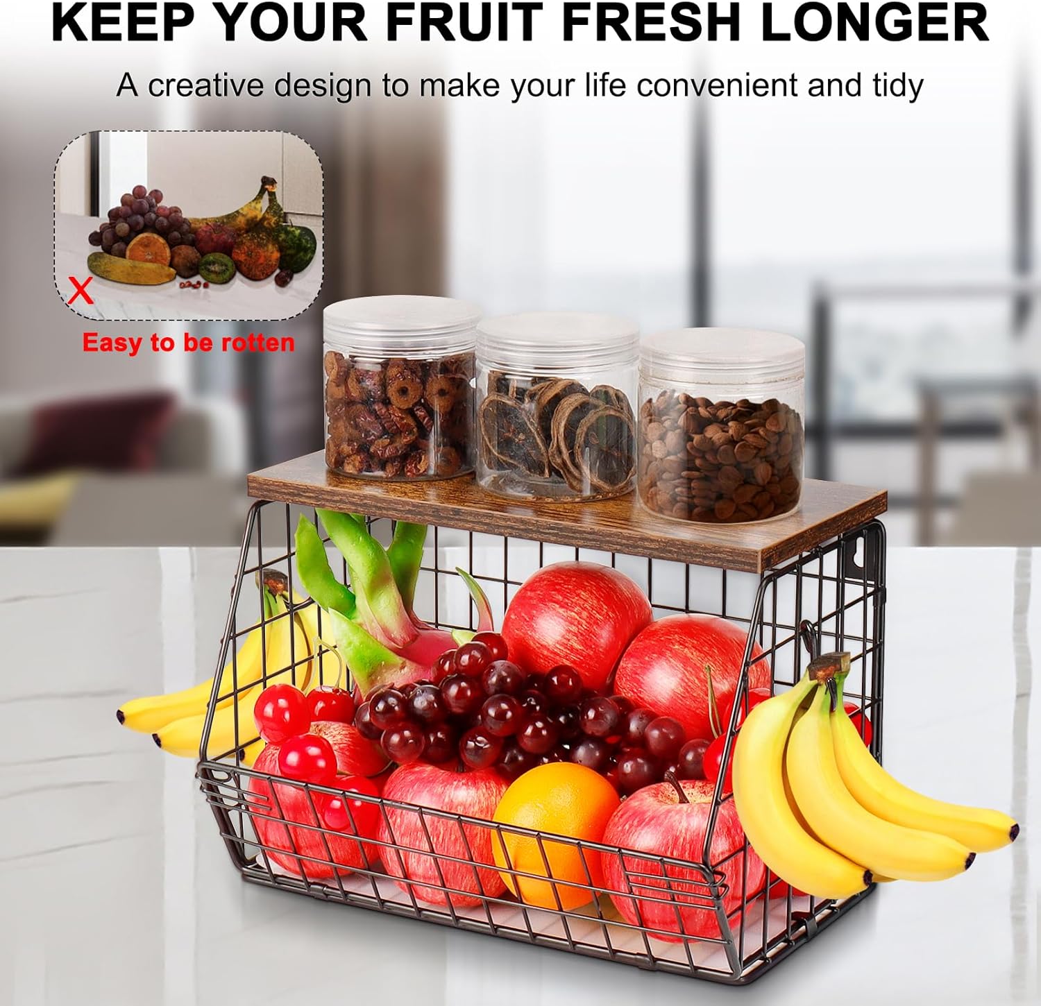 Livabber Fruit Basket with Wood Shelf and 4 S-Hooks