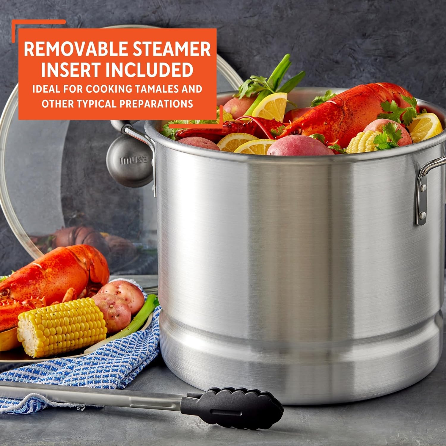 IMUSA USA Steamer with Glass Lid 20 Quart Silver