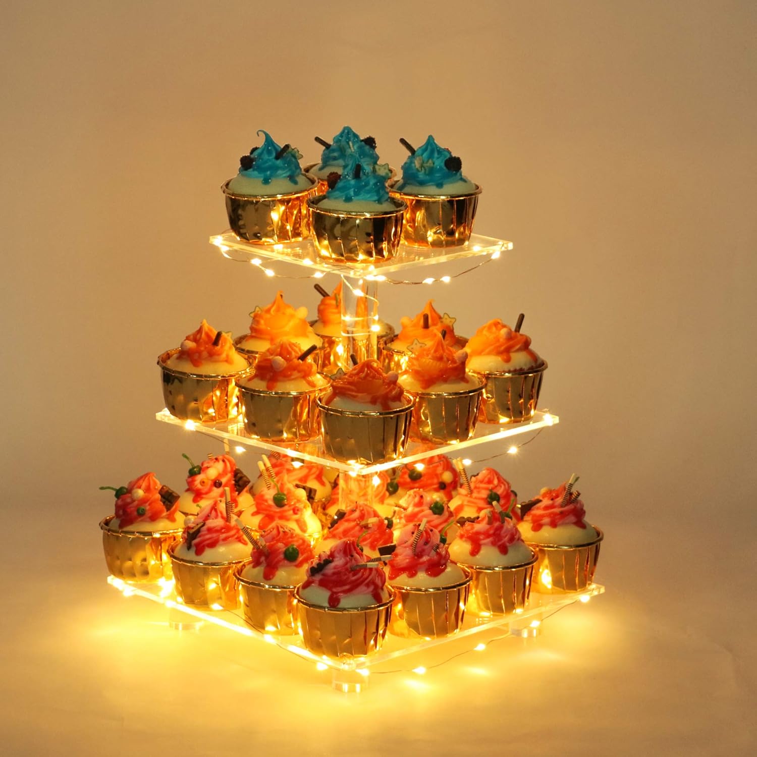 YestBuy 3 Tier Clear Cupcake Stand - LED Light - Premium Acrylic Display