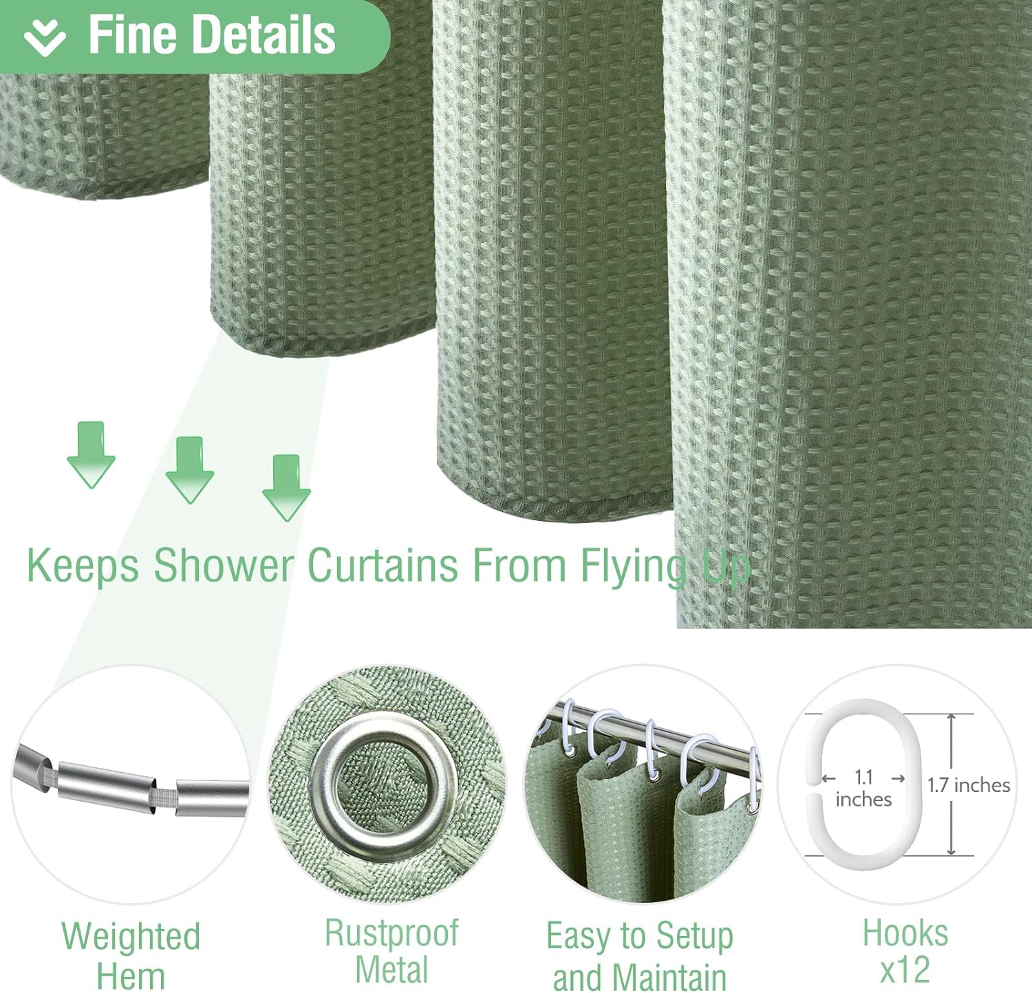 Dynamene Sage Green Waffle Shower Curtain Set