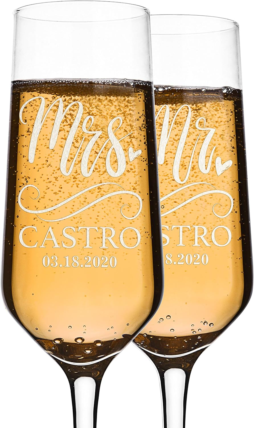 Personalization Lab Champagne Flutes Set of 2 with Last Name and Date