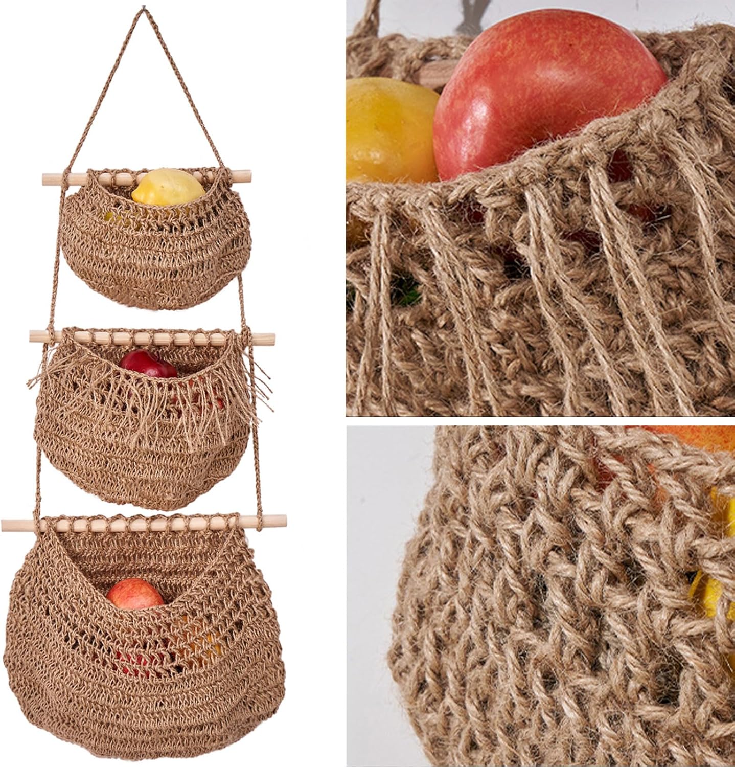 3-Tier Handmade Bohemian Hanging Fruit Basket for Kitchen Storage