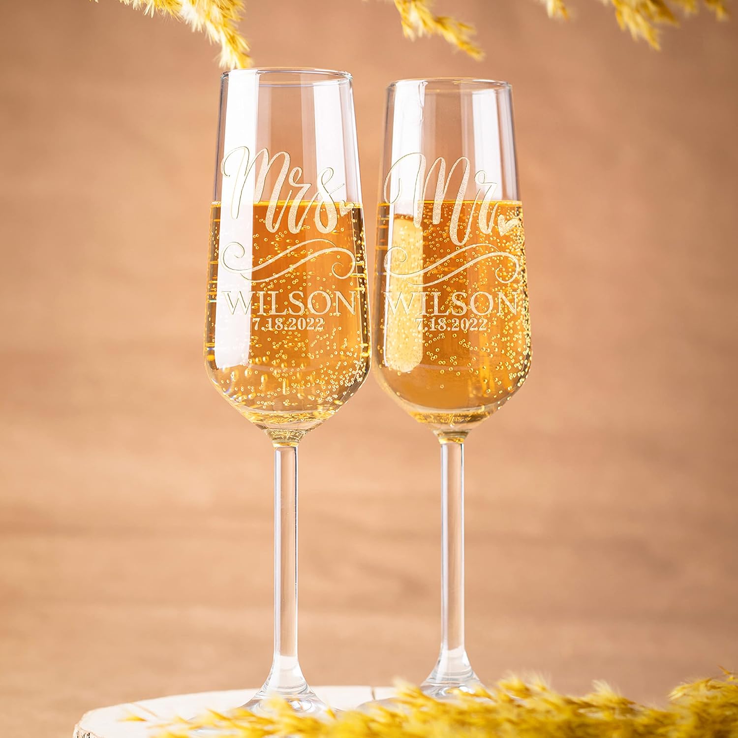 Personalization Lab Champagne Flutes Set of 2 with Last Name and Date