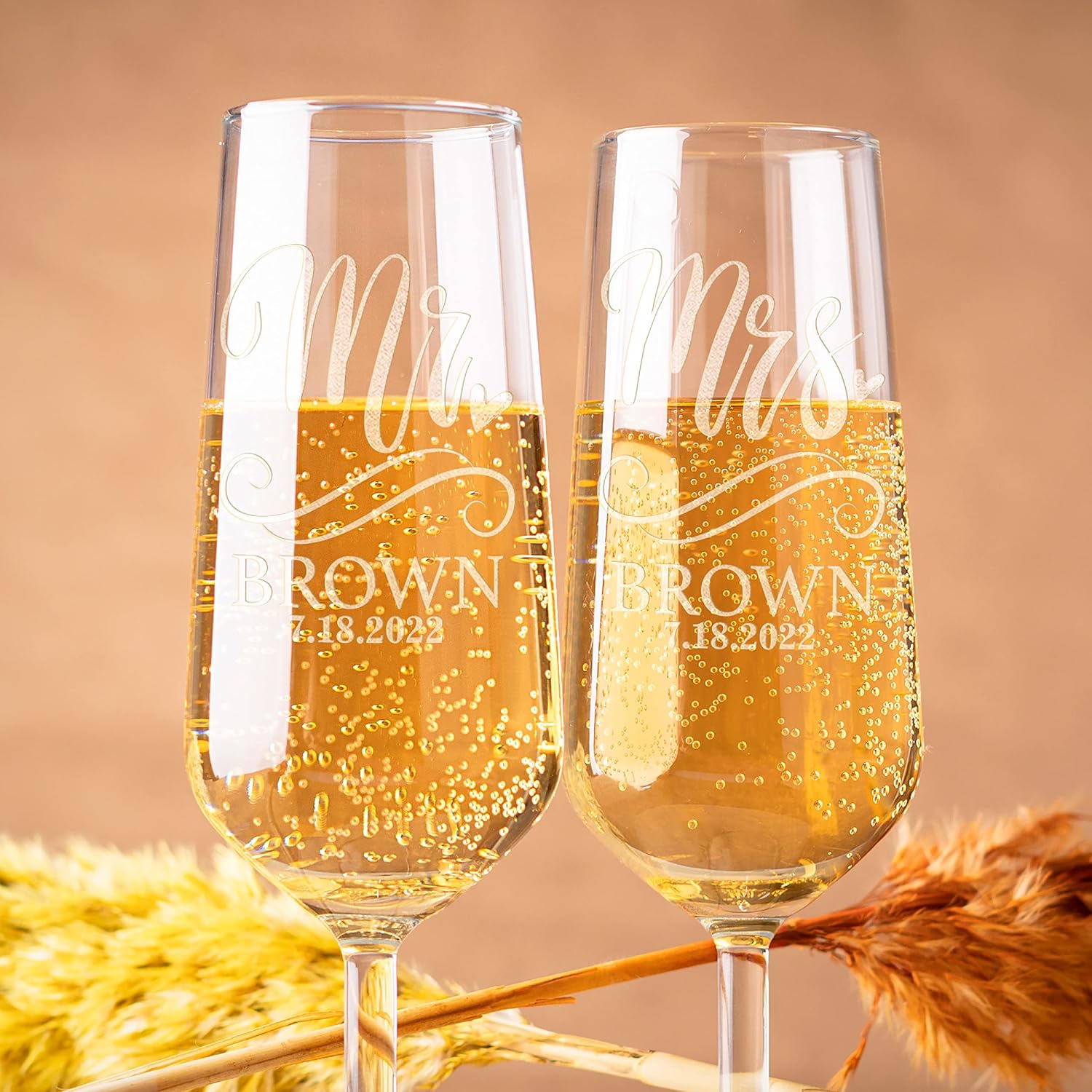 Personalization Lab Champagne Flutes Set of 2 with Last Name and Date