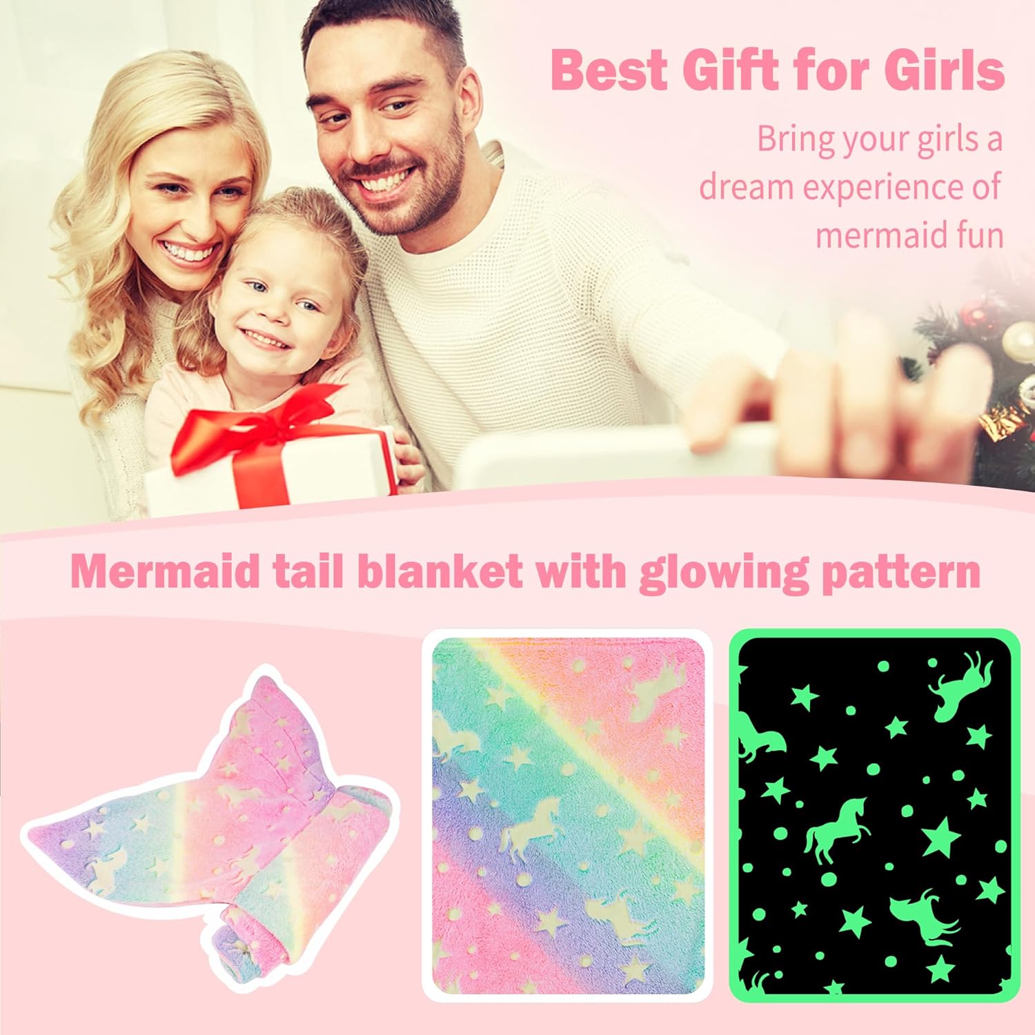 Viviland Kids Mermaid Tail Blanket - Glow in the Dark Super Soft Flannel 17x39