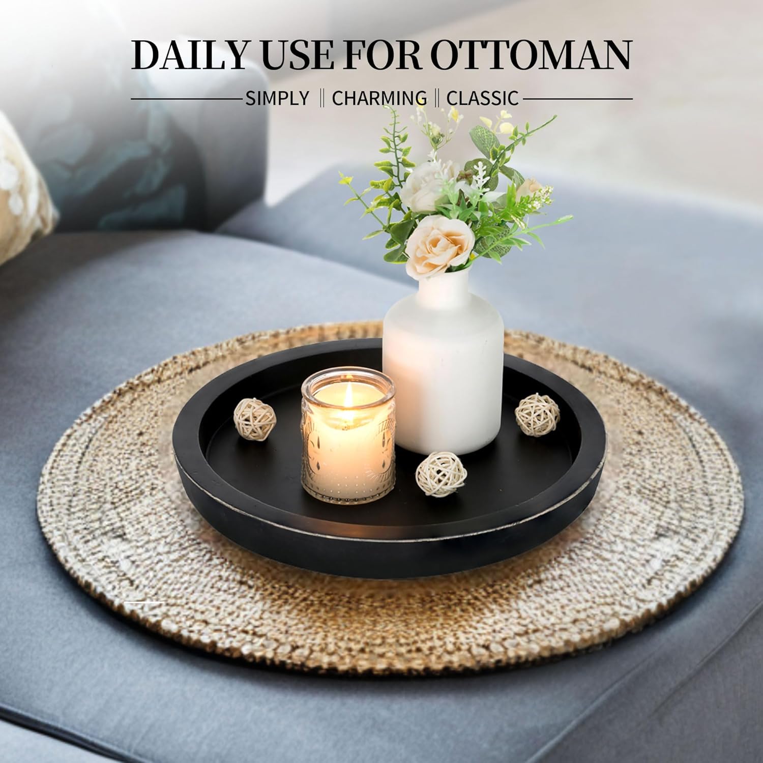 Hanobe Black Round Wooden Coffee Table Tray