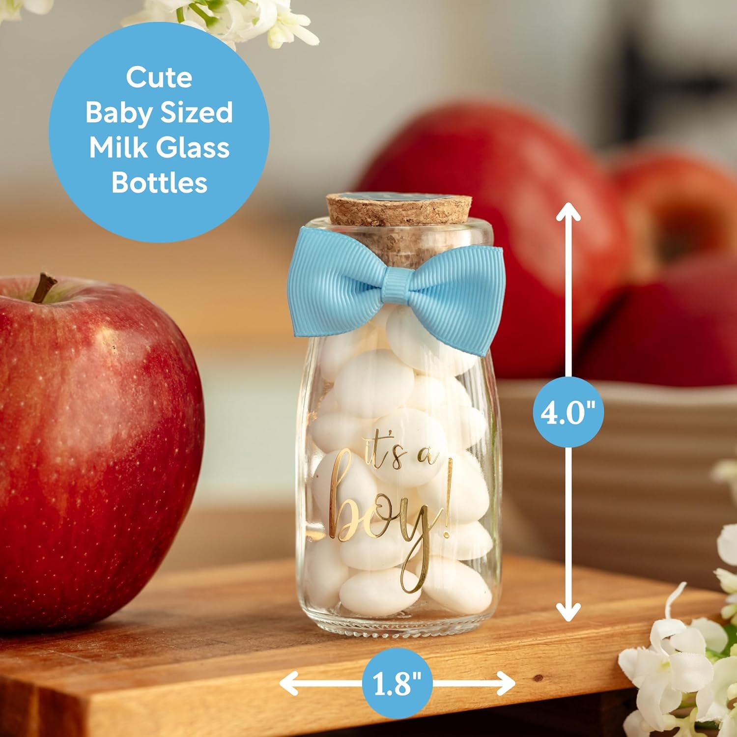 Small 12 Pack Its a Boy Milk Glass Bottles with Ribbons and Stickers
