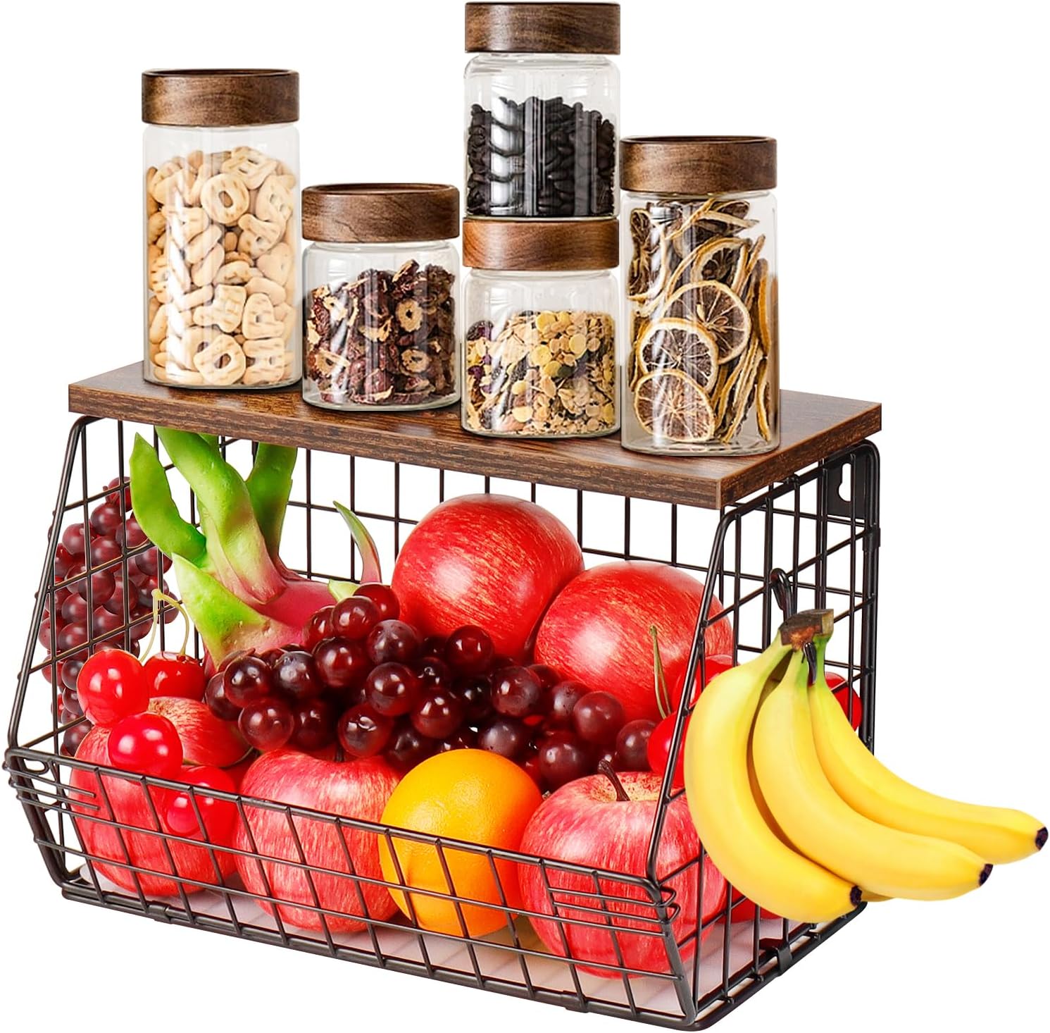 Livabber Fruit Basket with Wood Shelf and 4 S-Hooks